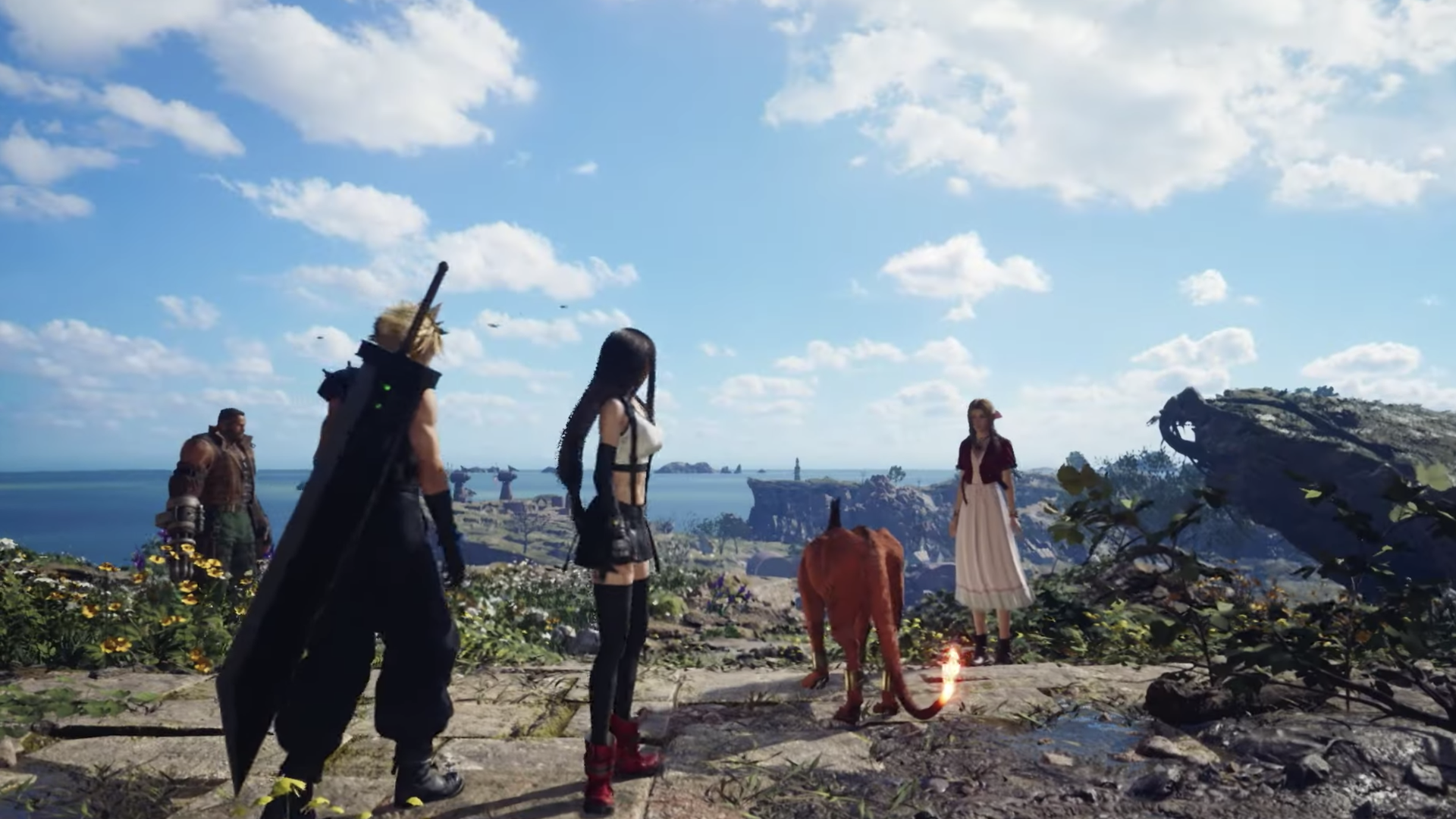 Video game trailer screenshot showing Final Fantasy characters standing beneath a blue sky