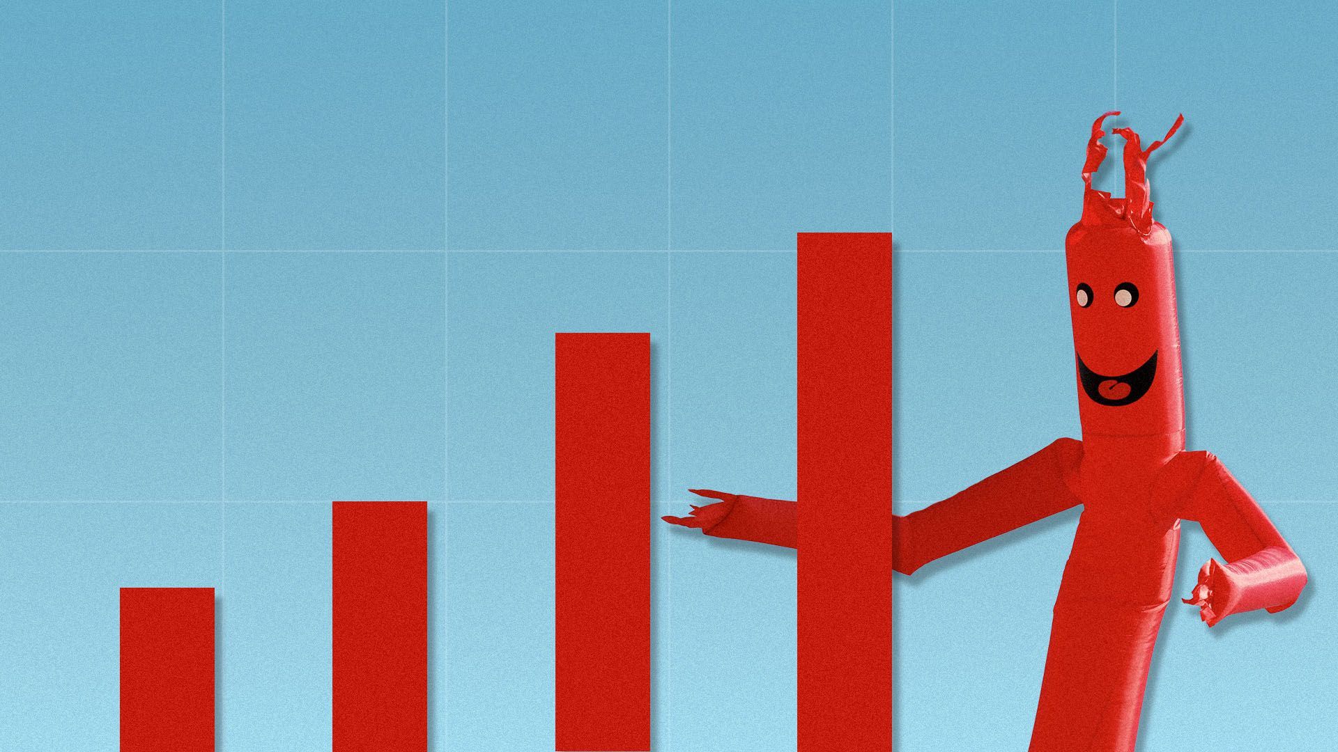 Illustration of a upward trending bar chart with the final bar as a inflatable use car lot tube man