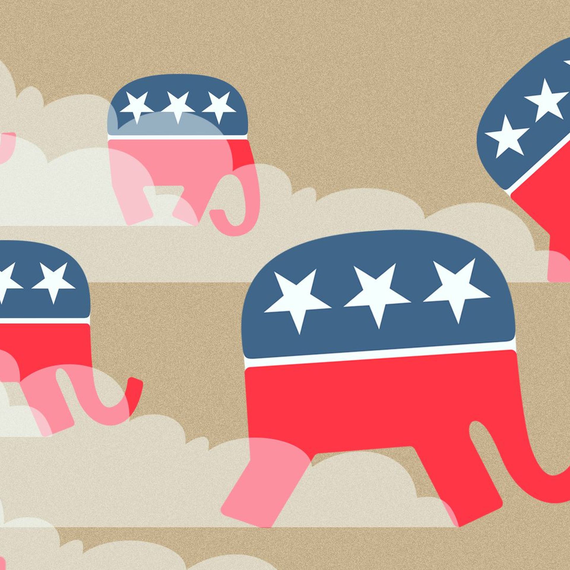 Illustration of several versions of the elephant from the Republican Party logo stampeding and kicking up dust.