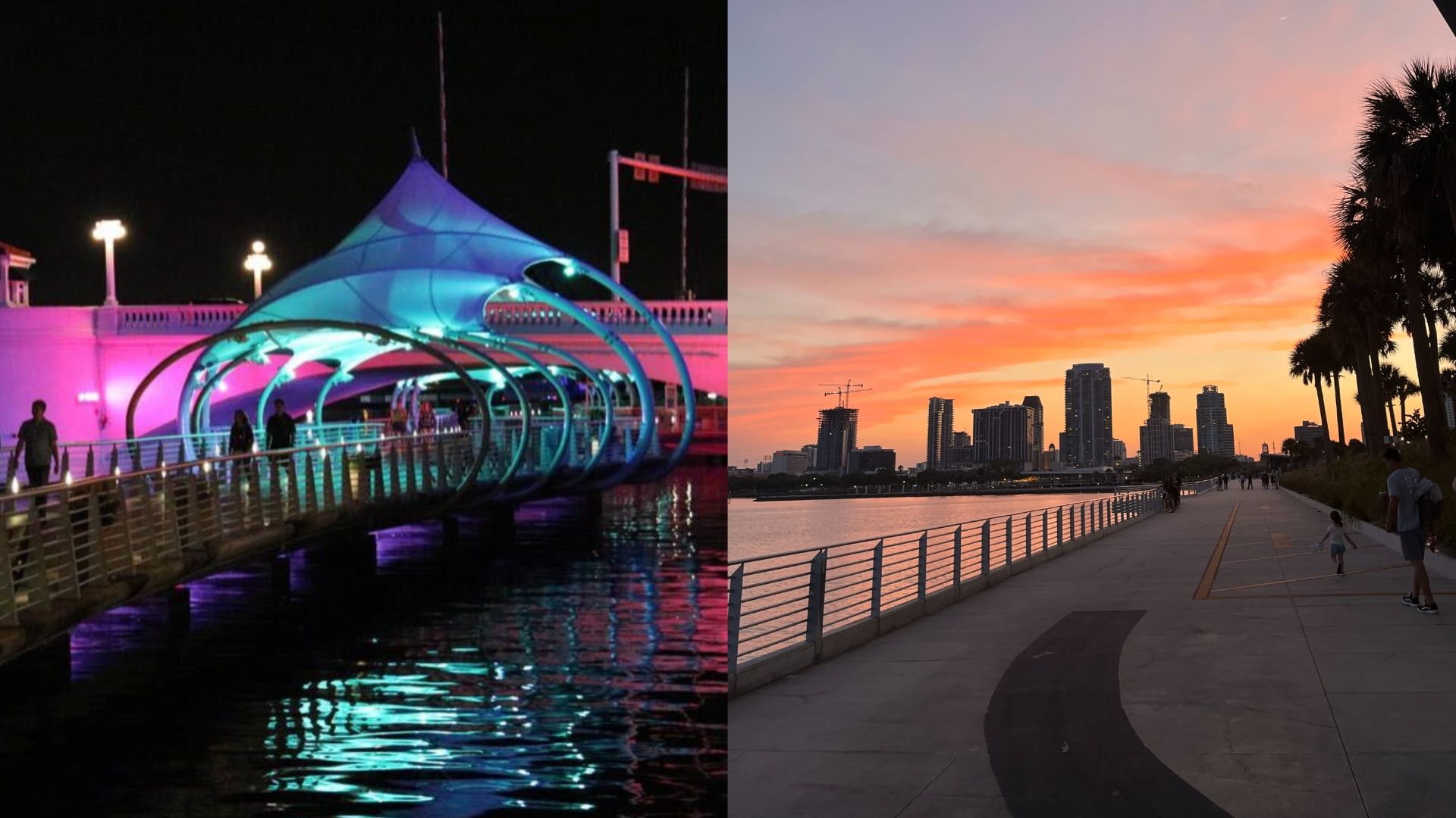 Two photos, one of a walking bridge over water, shown at night illuminated in blue and pink lights, the other of a pier under a pink-and-orange sunset stretching toward a city skyline.