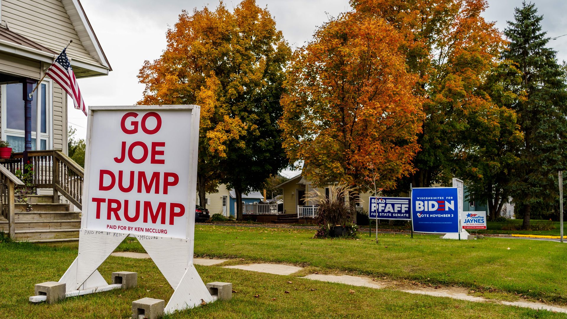 Photo of pro-Biden signs in a yard in front of a home