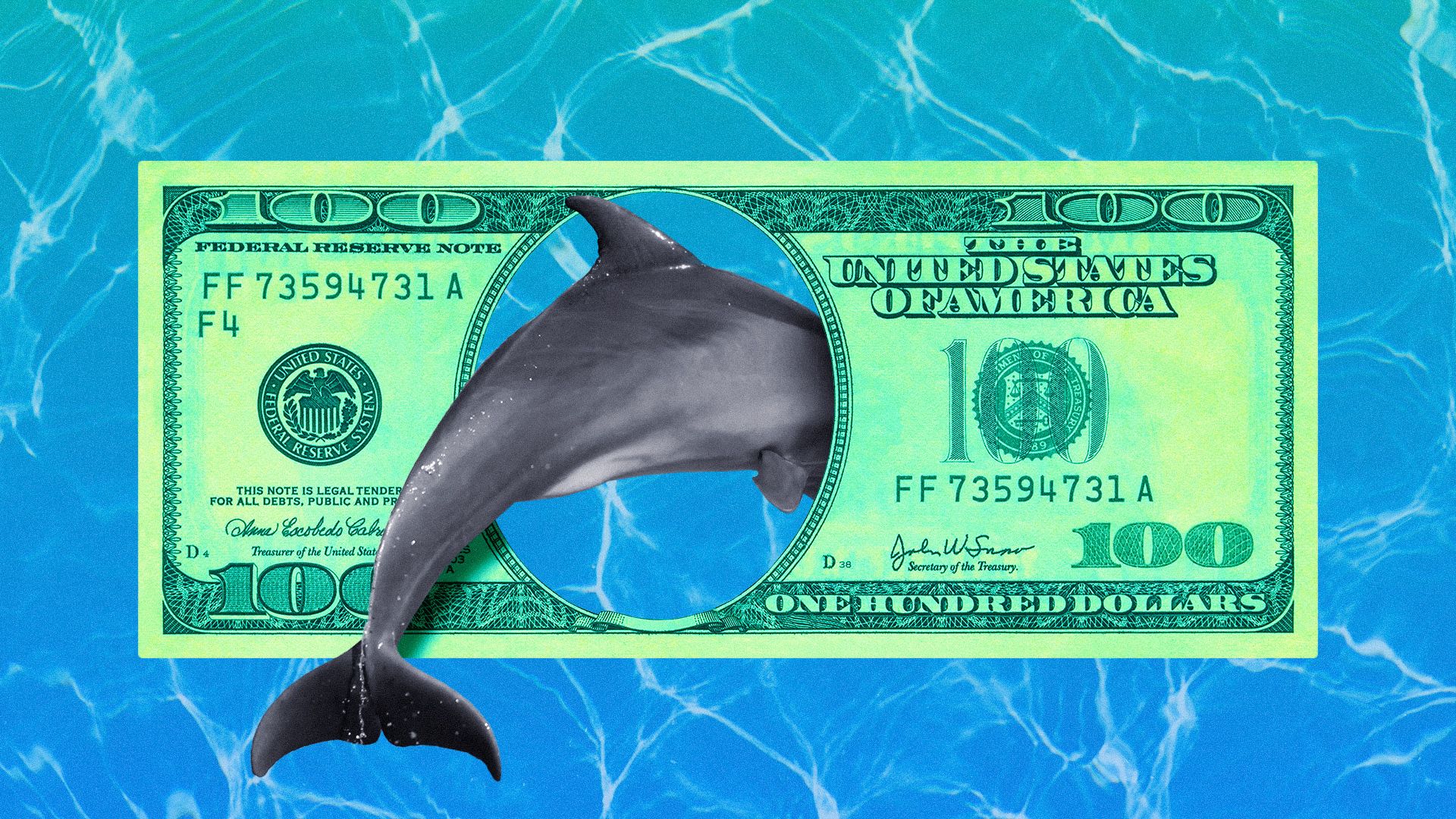 Illustration of a dolphin jumping through the portrait hole of a hundred dollar bill. 