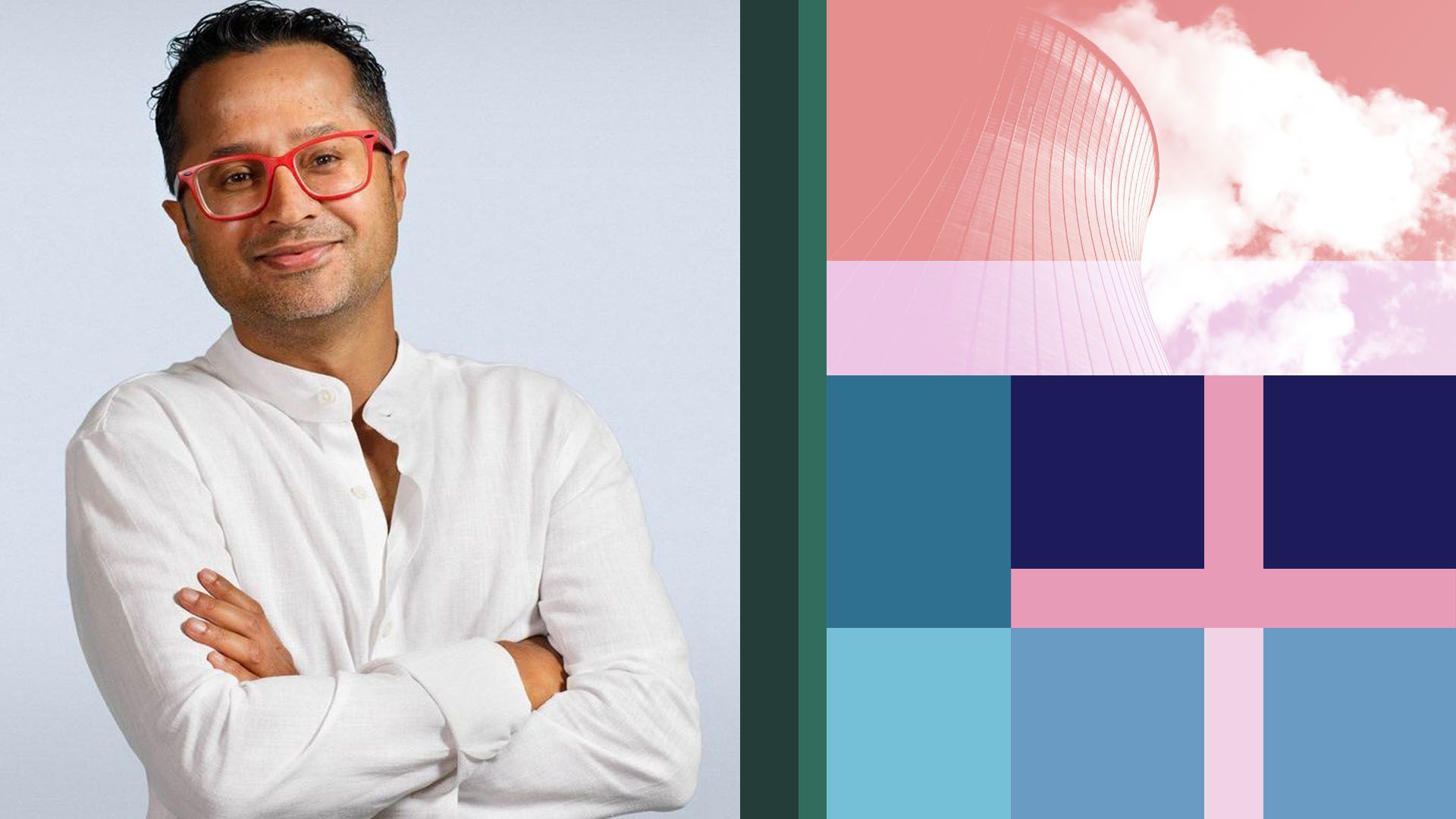 Photo illustration of Bilal Zuberi of Lux Capital next to a power plant, the "x" in the Lux Capital logo, and various shapes