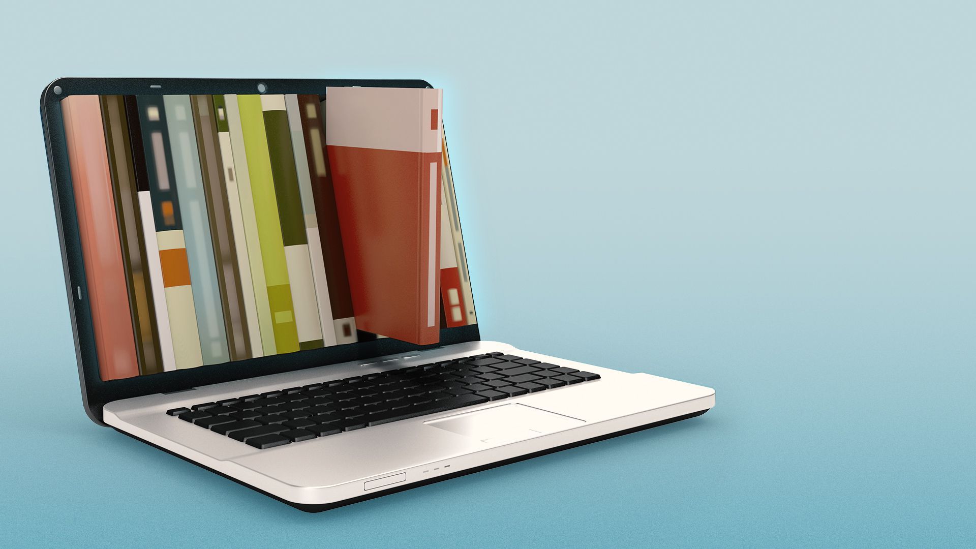 Illustration of a laptop with the screen made out of a bookshelf.