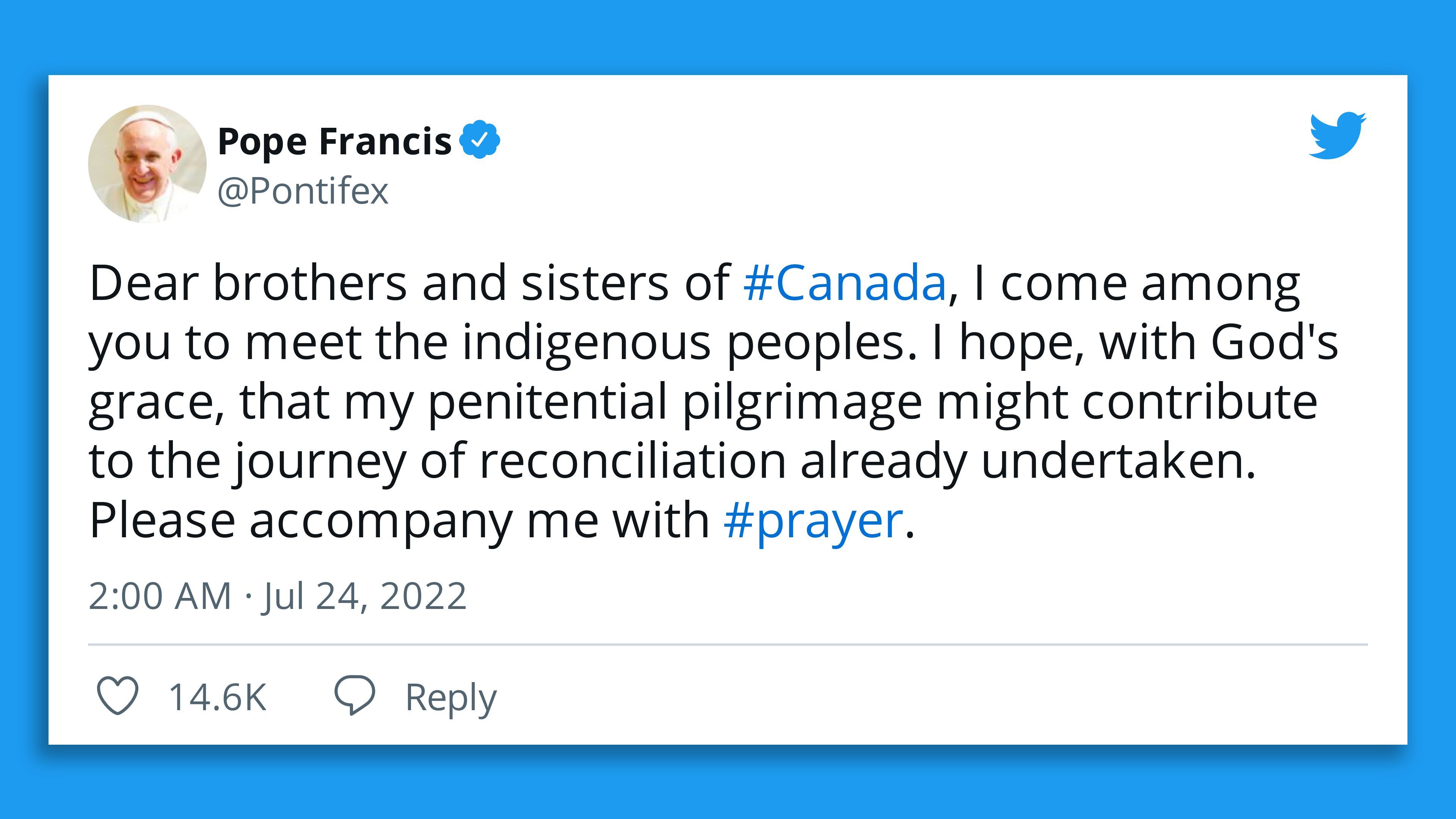 A screenshot of Pope Francis' tweet expressing hope "that my penitential pilgrimage might contribute to the journey of reconciliation already undertaken."