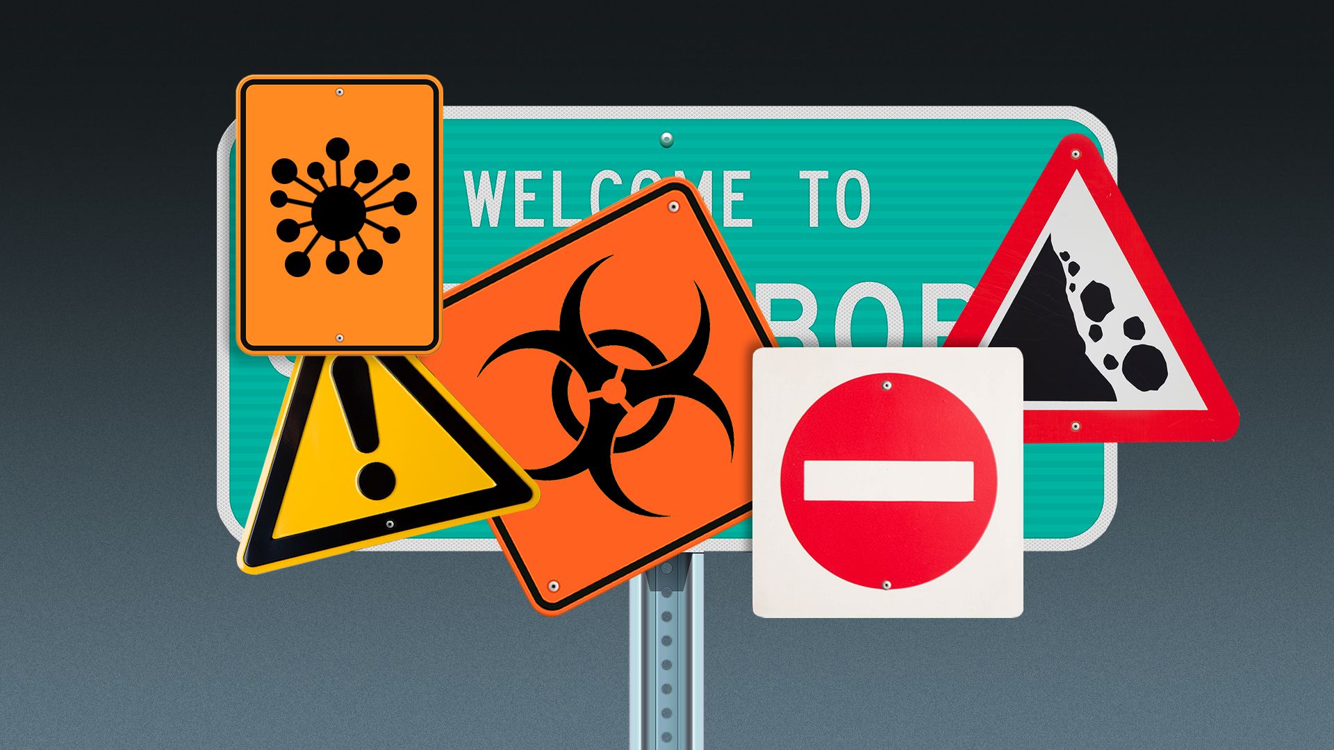 Illustration of city welcome sign covered in hazard and warning signs