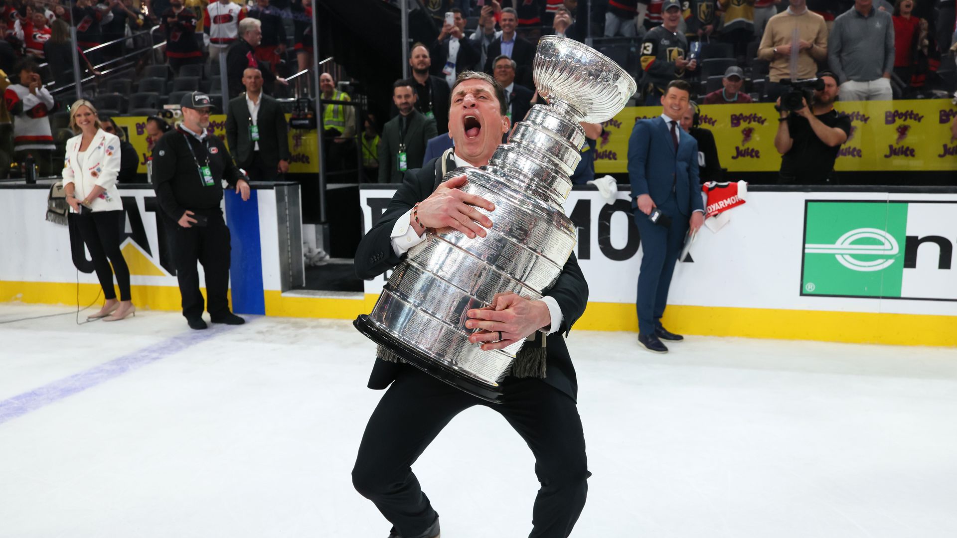 LAS VEGAS, NEVADA - JUNE 14: Head coach Rod Brind'Amour of the Carolina Hurricanes lifts the Stanley Cup after Game Six of the 2026 Stanley Cup Final against the Vegas Golden Knights at T-Mobile Arena on June 14, 2026 in Las Vegas, Nevada. The Carolina Hurricanes won 3-0. (Photo by Bruce Bennett/Get