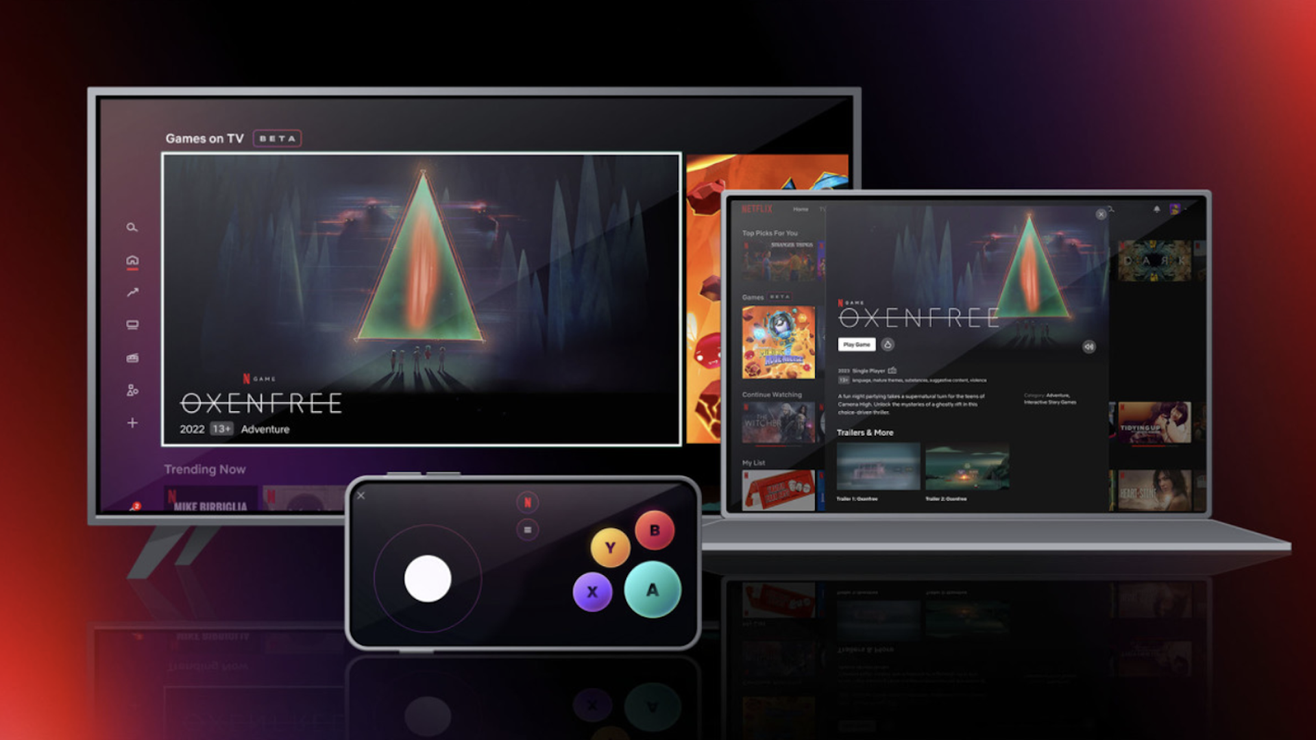 Computer rendering of a TV and laptop running a start screen for the game Oxenfree, plus a phone running a controller app that puts virtual buttons on the phone's screen