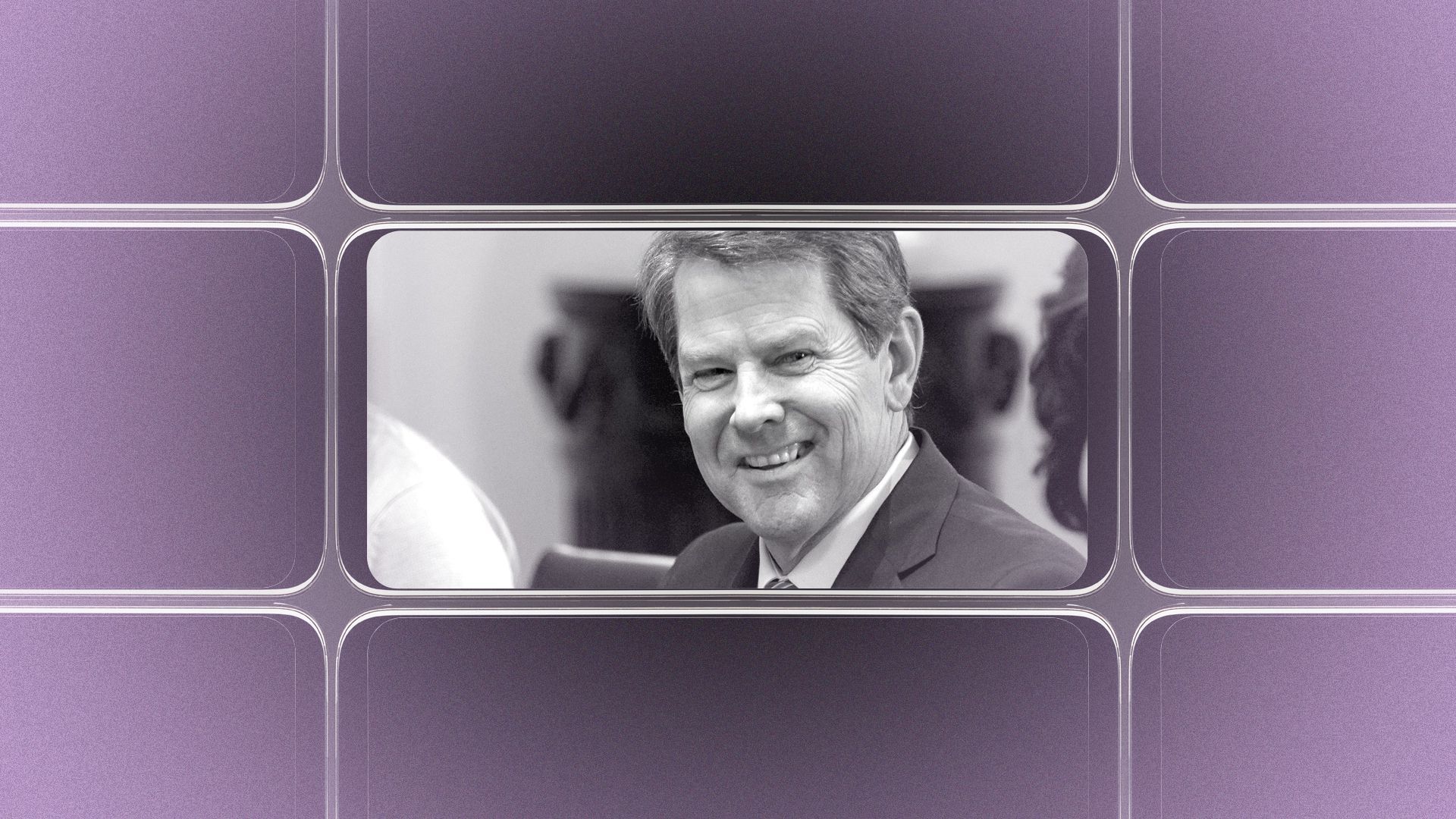 Photo illustration of a grid of smartphone screens, the center one showing an image of Brian Kemp.
