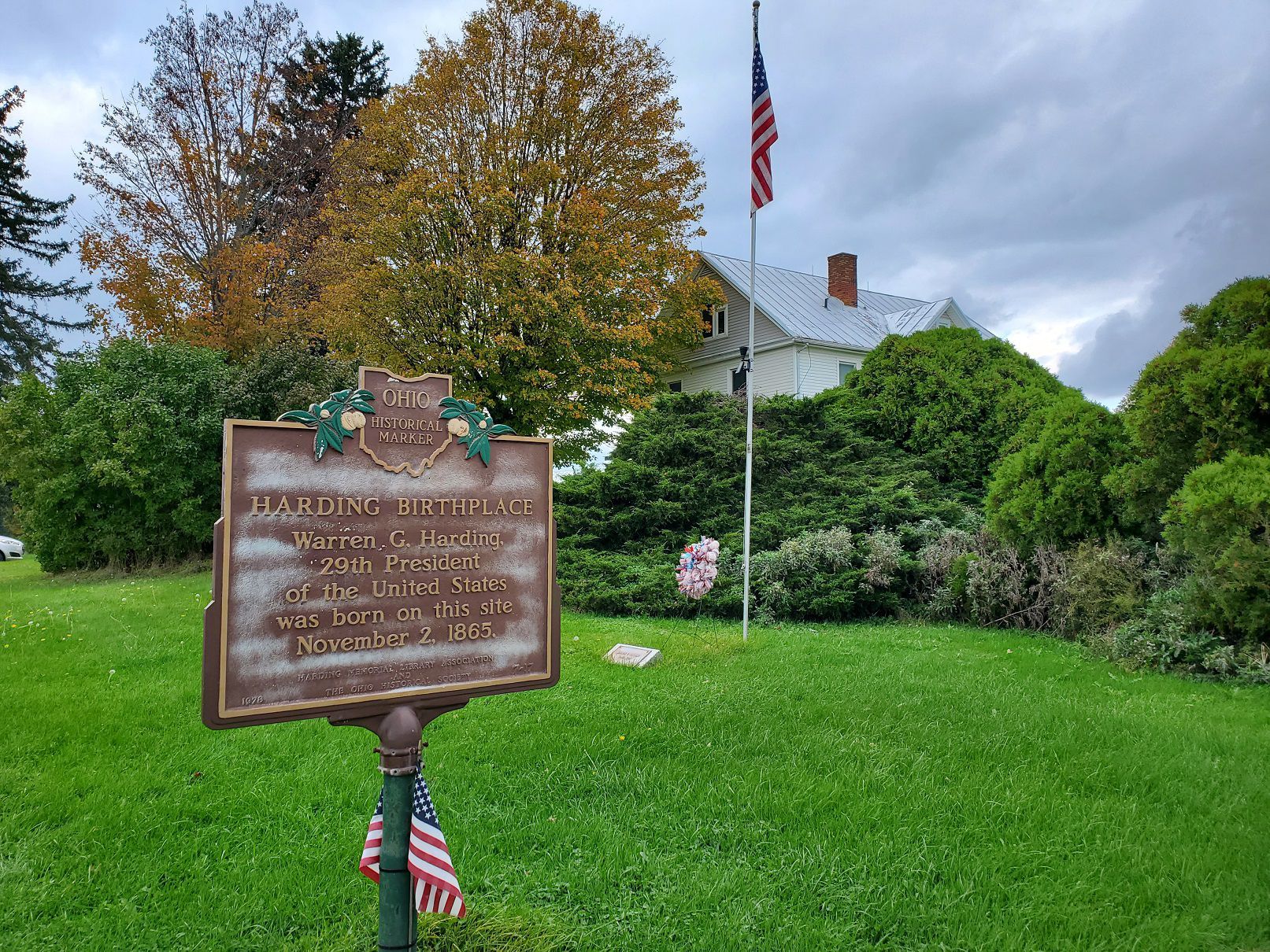 Historical sign marking former U.S. president Warren G. Harding's birthplace