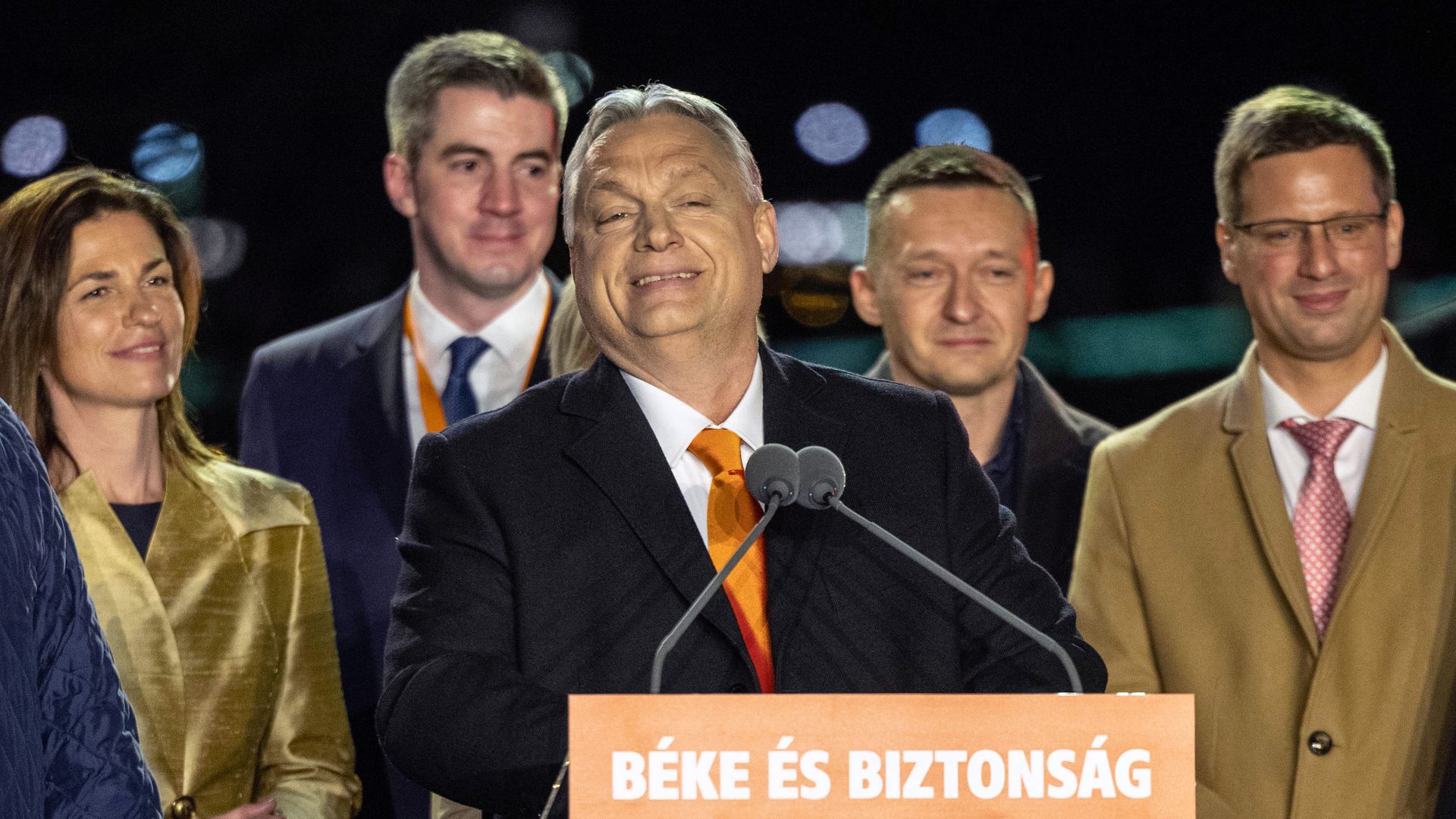 Hungarian Prime Minister Viktor Orbán speaks to supporters after the announcement of the partial results in parliamentary election on April 3, 2022 in Budapest, Hungary. 