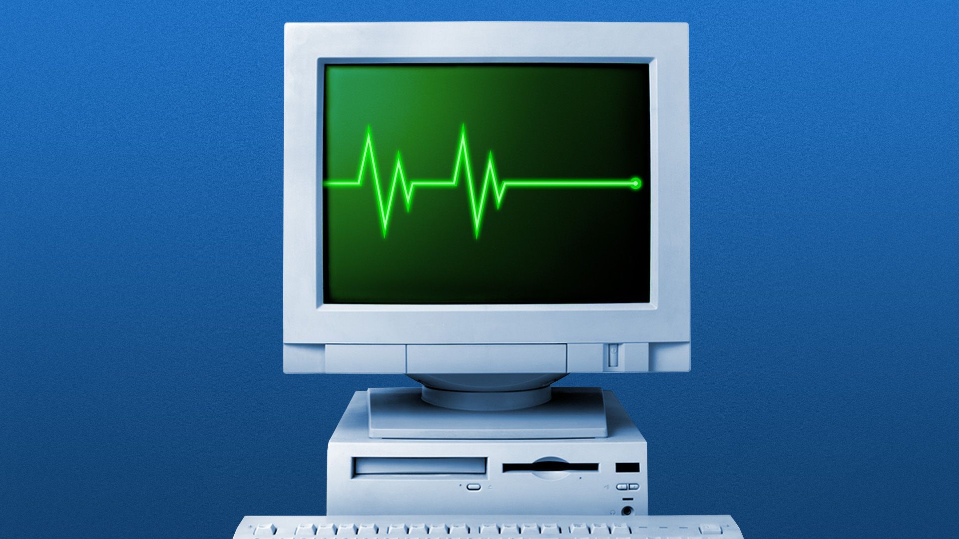 Illustration of a computer with a flatlining EKG on the screen