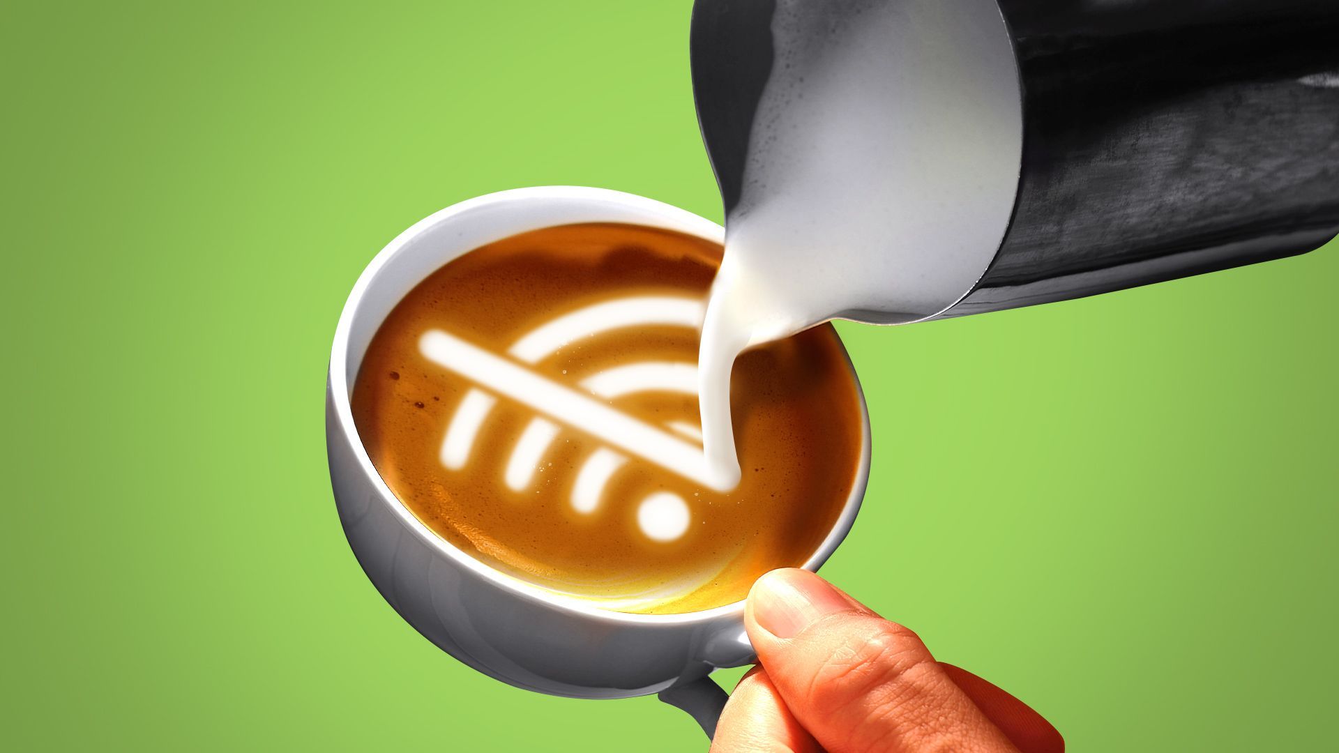 Illustration of a barista pouring a no-wifi symbol into a latte as foam art. 