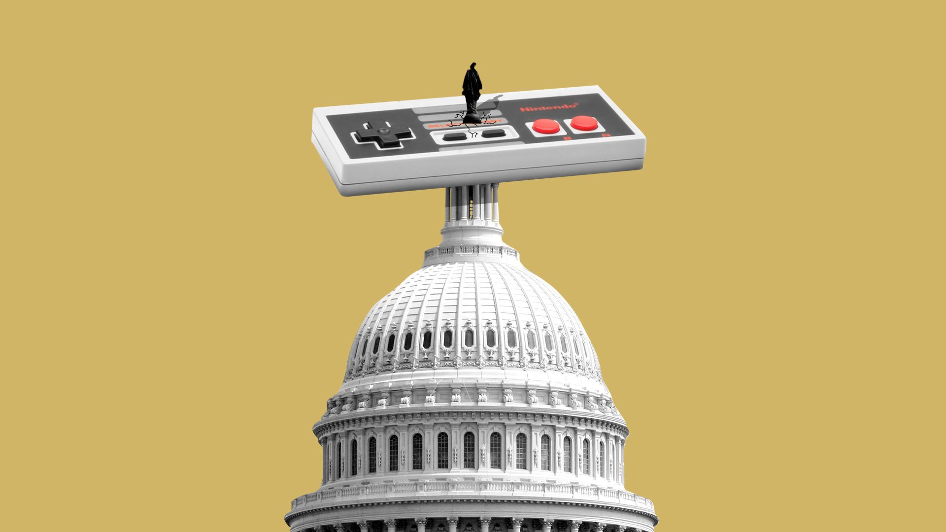 Illustration of a video game controller being punctured by the Statue of Freedom on top of the Capitol dome.   