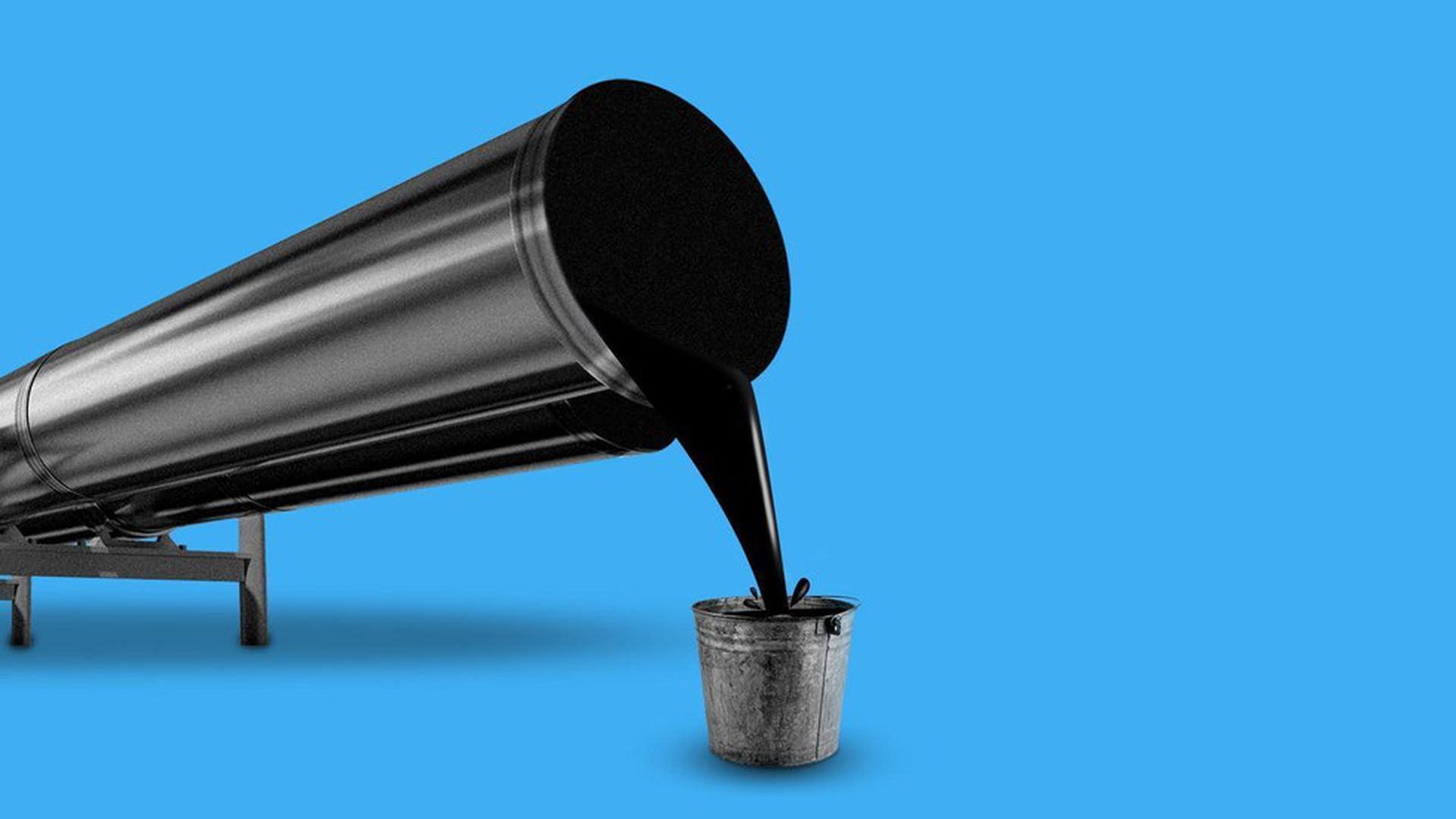 In this illustration, oil pours out of a metal container into a small bucket. There is a bright blue background.