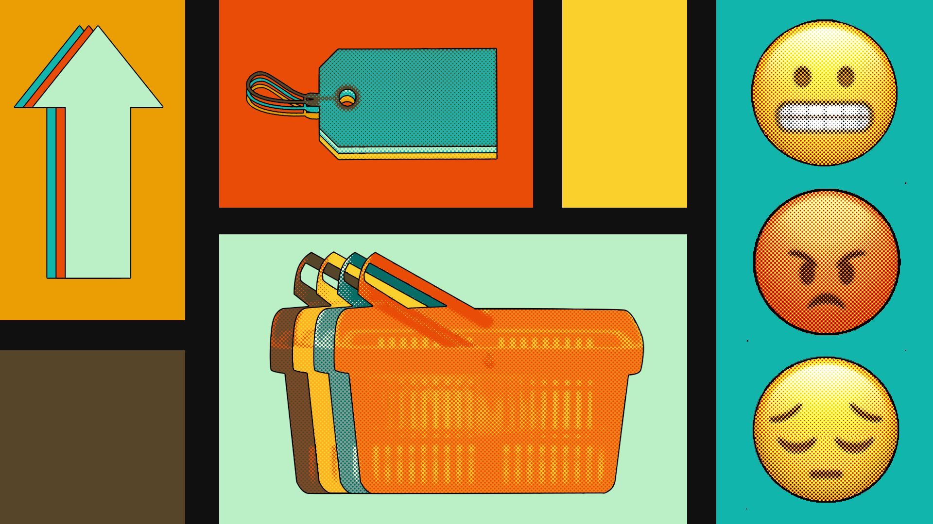 an illustration of colorful rectangles containing graphics of upward arrows, shopping baskets, price tags, angry faces, grimacing faces, and sad faces
