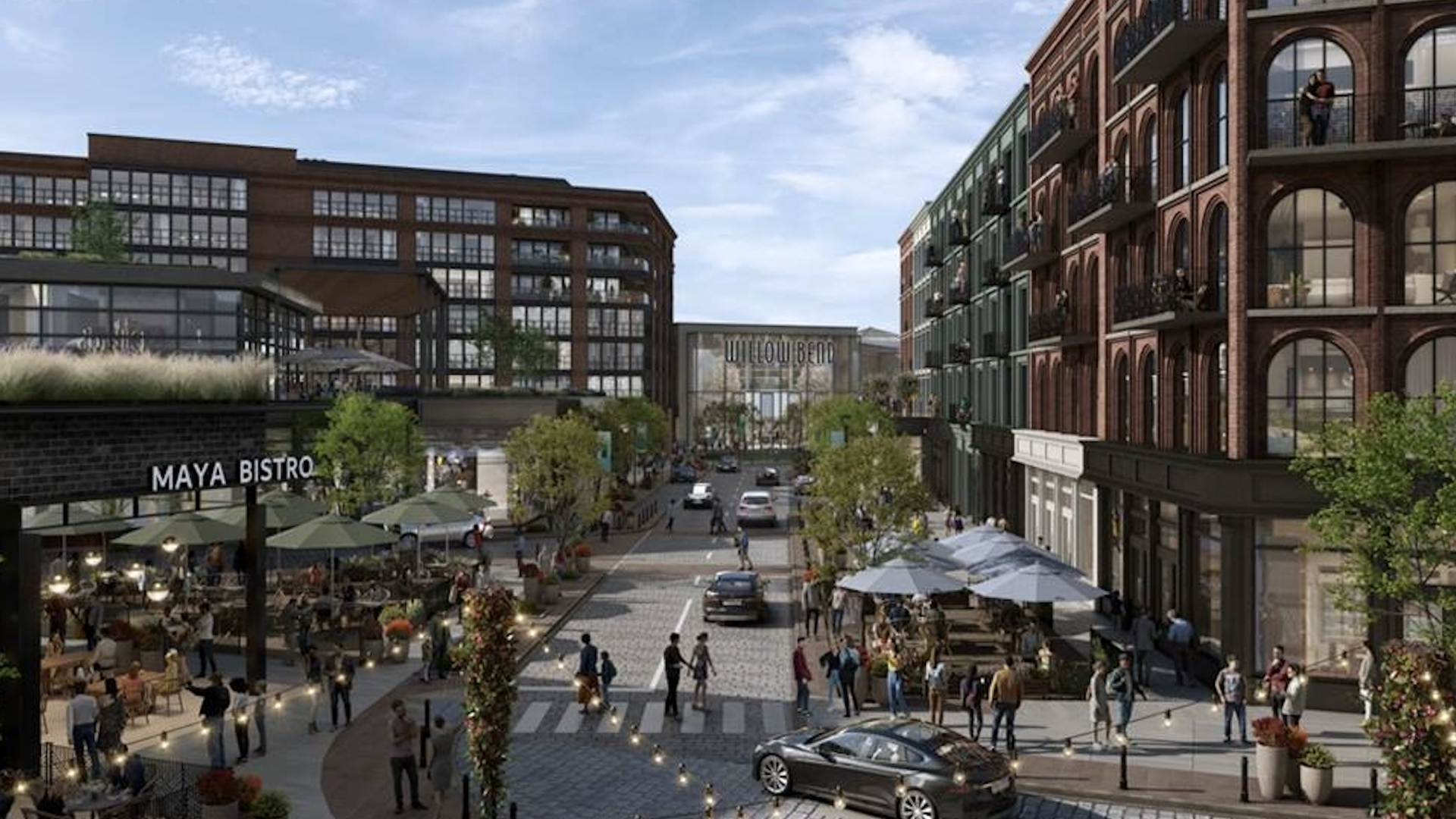 A rendering with buildings and retail spaces on the bottom floor.