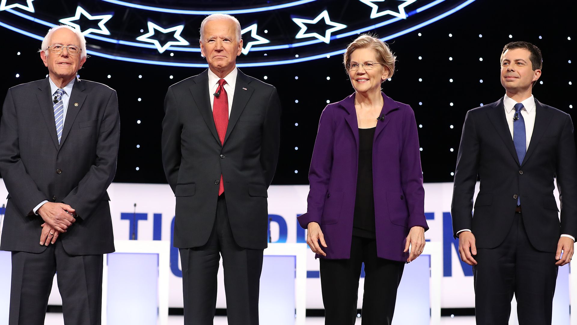 Sen. Bernie Sanders (I-VT), Joe Biden, Sen. Elizabeth Warren (D-MA), and South Bend Mayor Pete Buttigieg are introduced before the Democratic Presidential Debate at Otterbein University on October 15