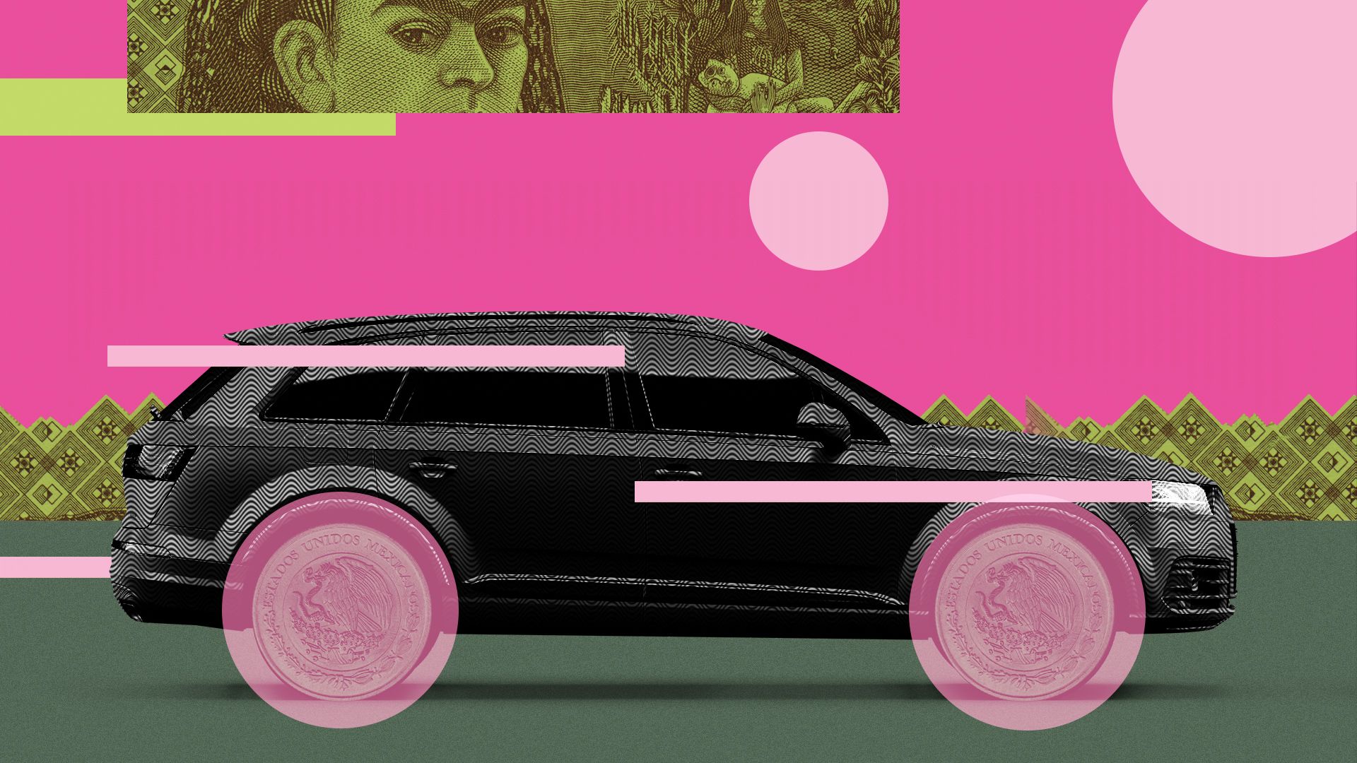 Illustration of a car stylized as money surrounded by pieces of money and various shapes.