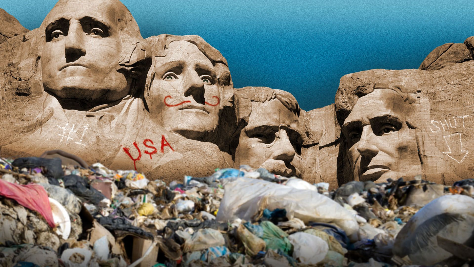 Illustration of Mount Rushmore with piles of trash in front of it and graffiti on it
