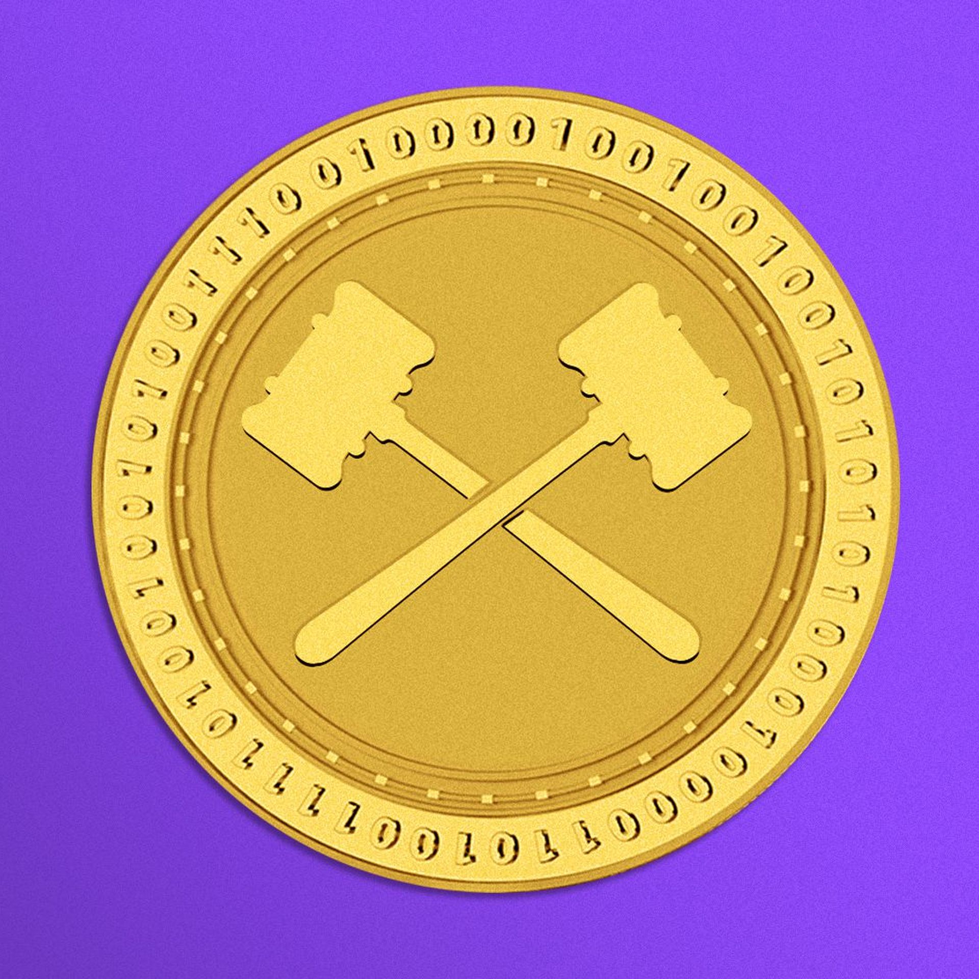 Illustration of a crypto coin with crossed gavels on it. 
