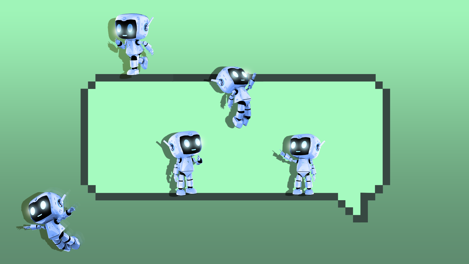 Gradient green background with a large, dark, pixelated speech bubble on mint interior. Five blue robots with glowing faces hover around and clinging to the bubble, casting shadows.