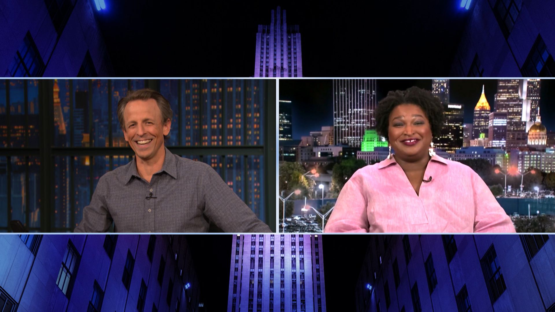 Stacey Abrams is seen during an appearance on the "Late Show with Seth Meyers."