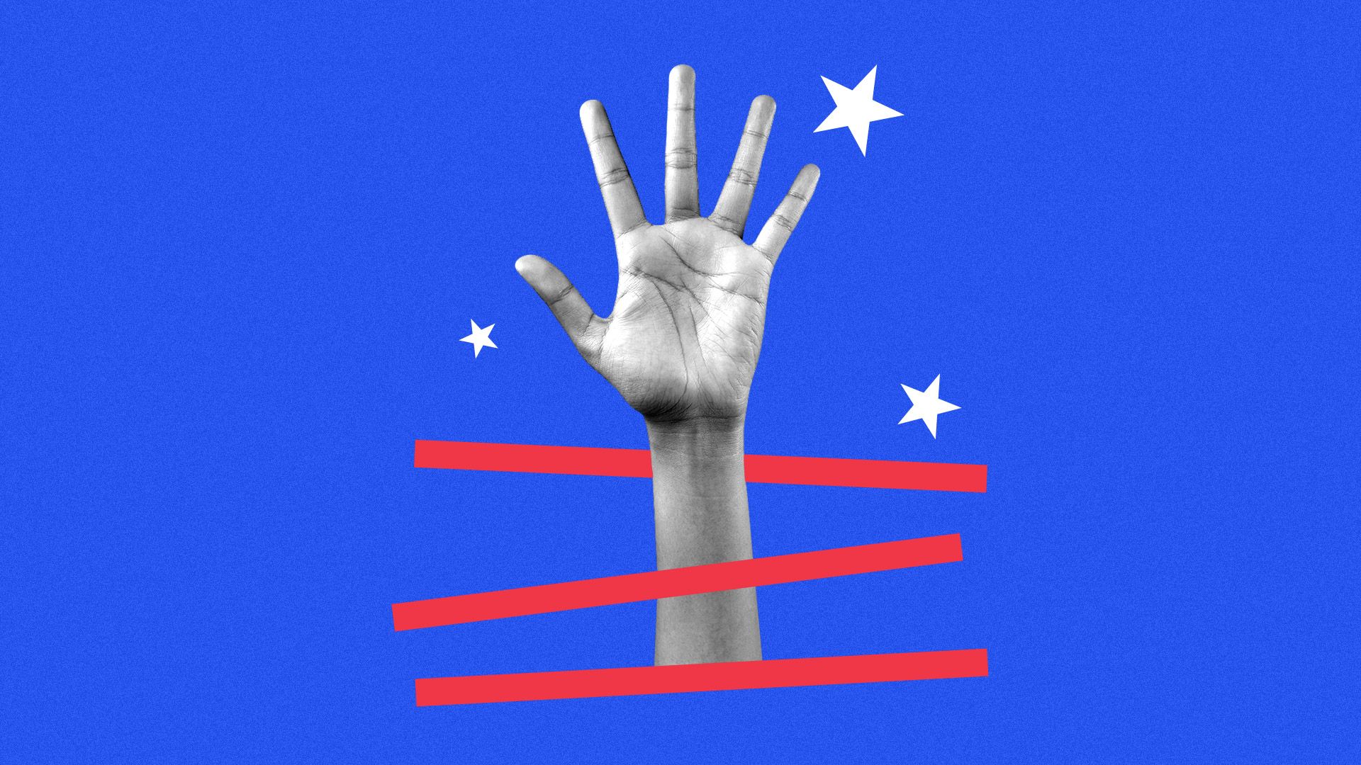 Illustration of a hand being raised with stars and stripes surrounding it