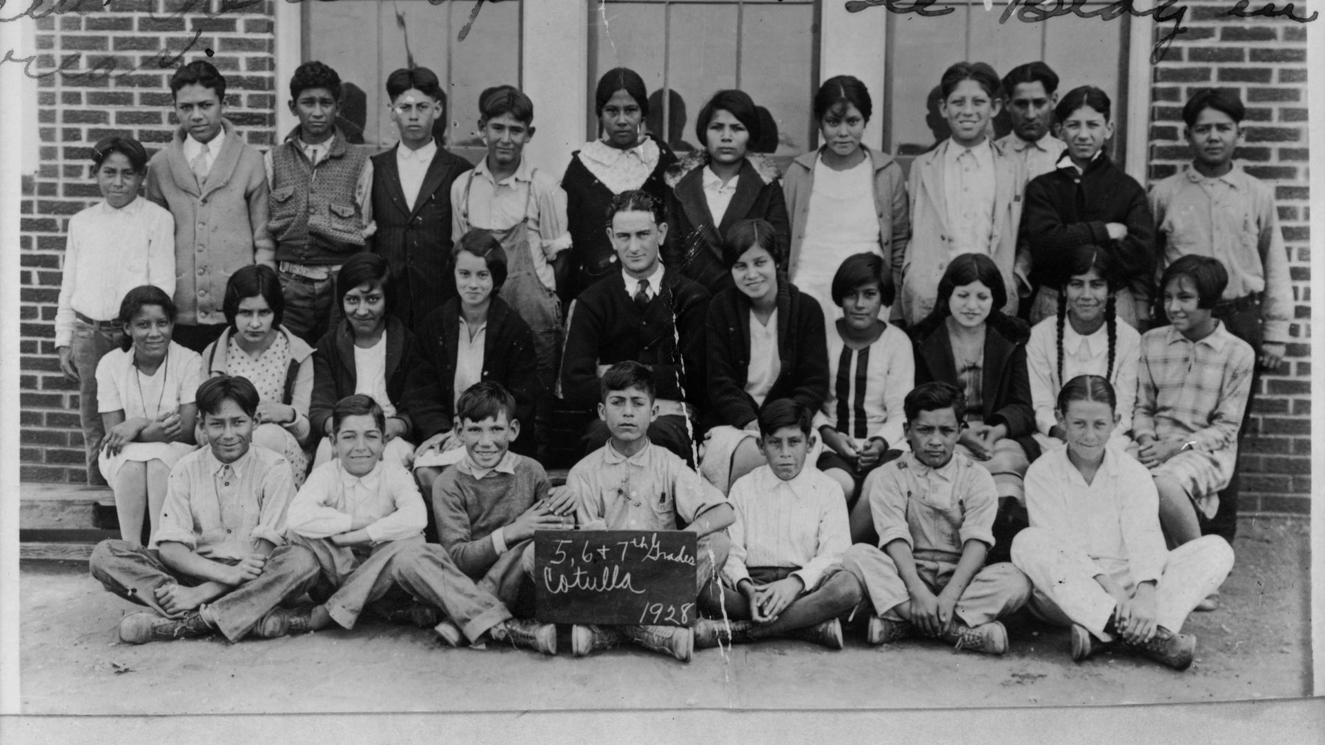 Future President Lyndon B. Johnson with his fifth, sixth, and seventh-grade classes at the Welhausen School in Cotulla, Texas, 1928..