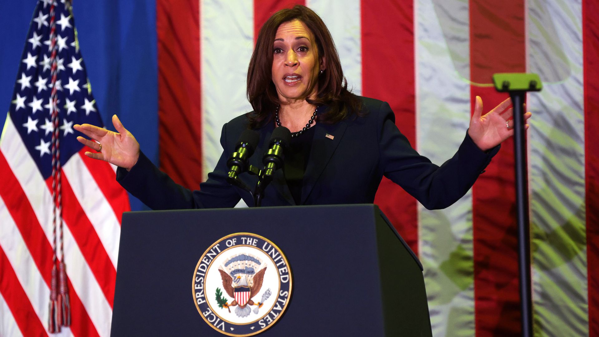 Vice President Kamala Harris is seen making an infrastructure announcement.