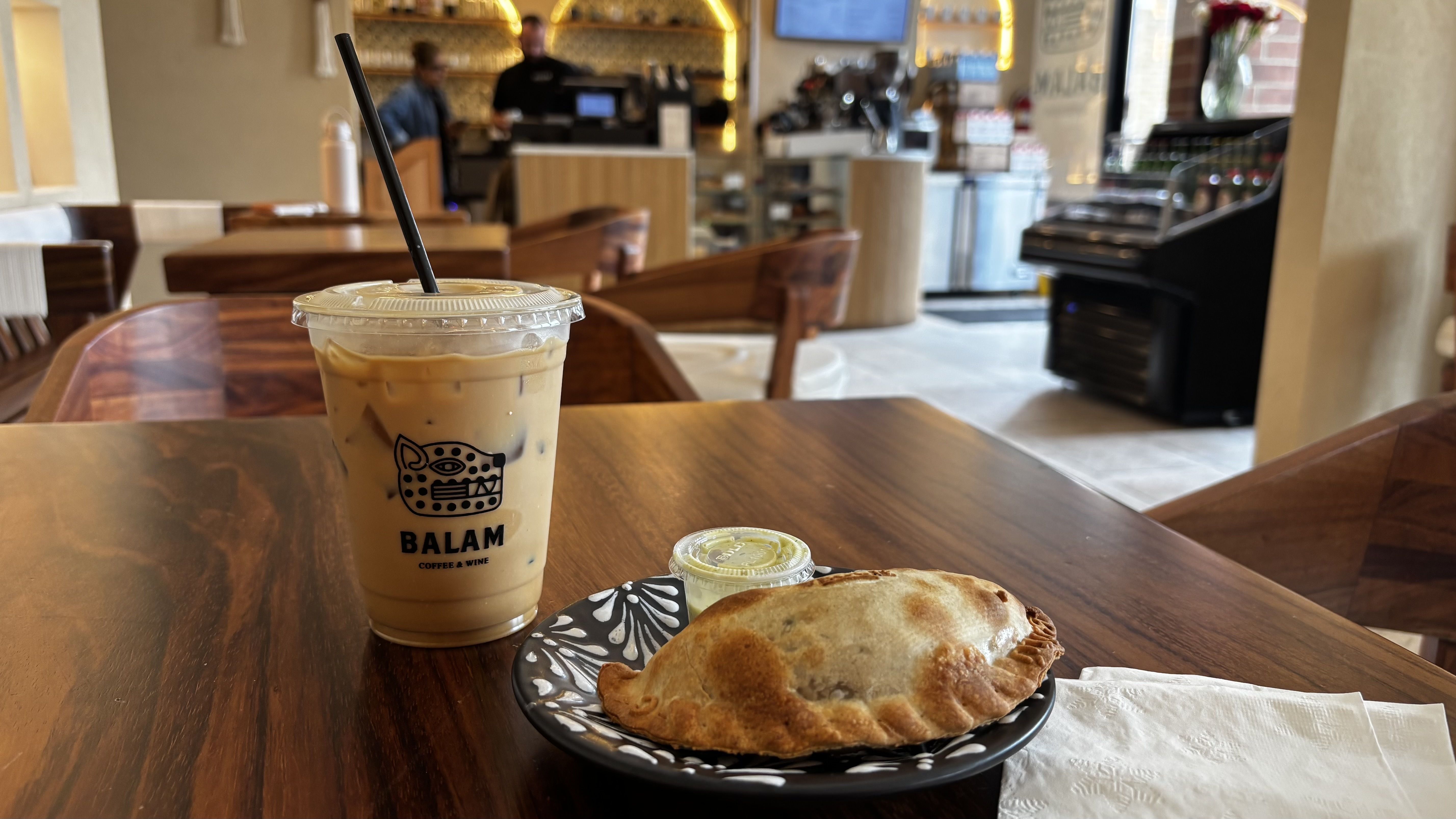 Joe's banana latte and veggie empanada at Balam.