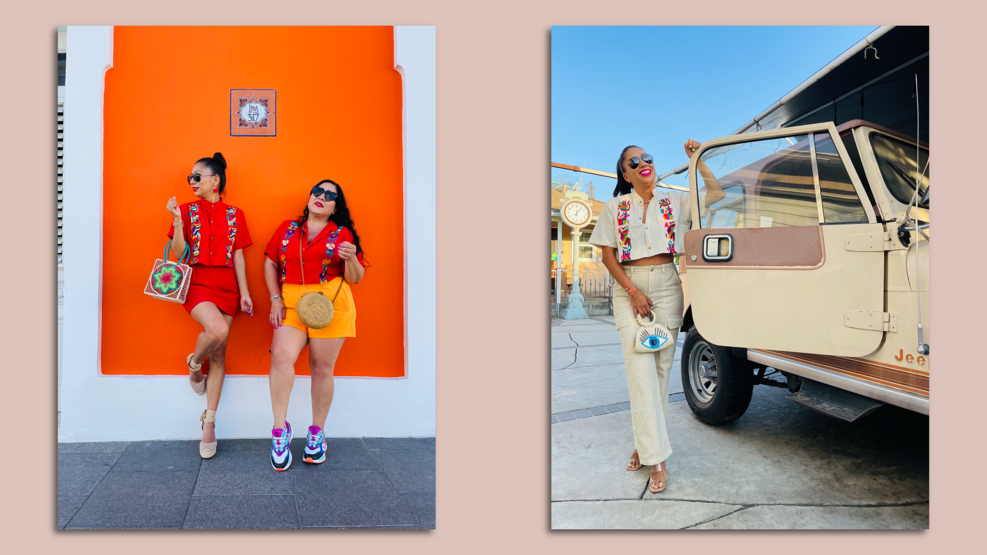 Side-by-side photos show women modeling white and beige guayaberas with embroidered flowers. 