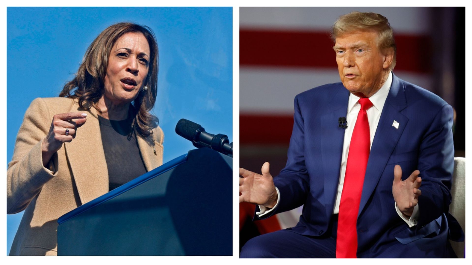 Harris at campaign to left Trump at interview right
