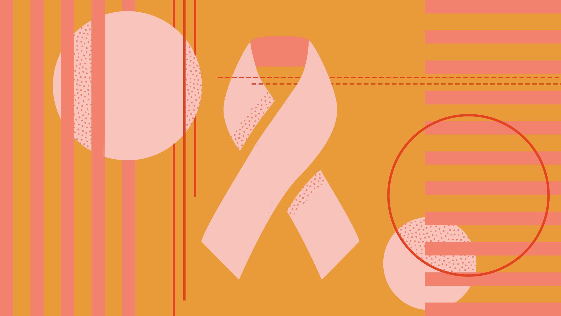 Abstract cancer ribbon surrounded by shapes and lines.