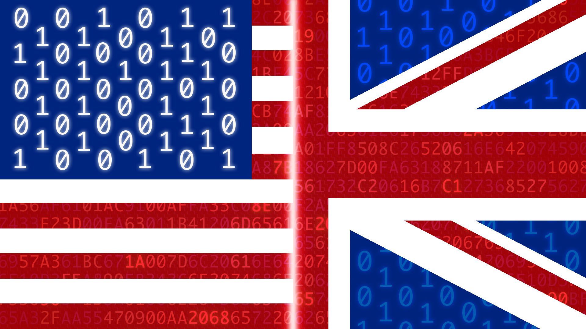 Illustration of United States and United Kingdom flags with binary code overlayed