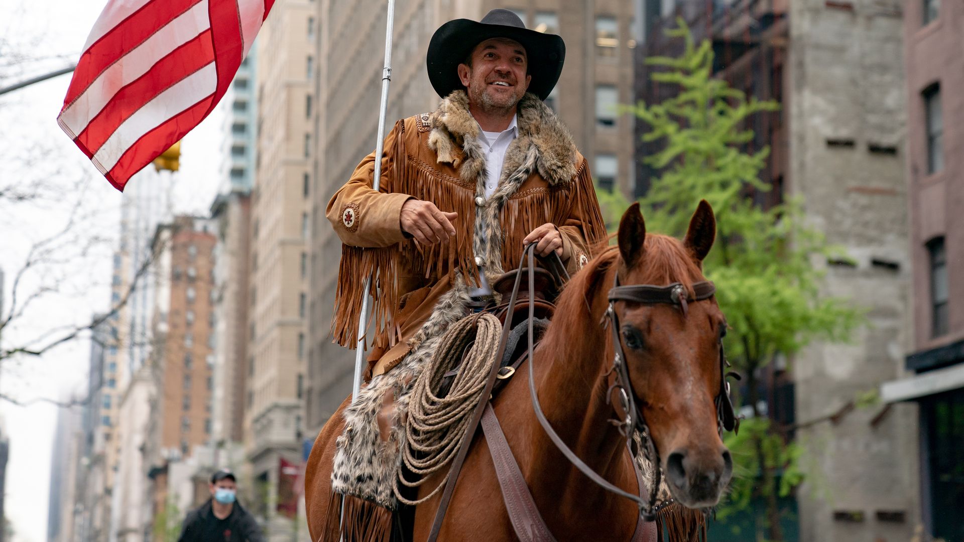 Otero County Commission Chairman and Cowboys for Trump co-founder Couy Griffin rides his horse on 5th avenue on May 1, 2020 in New York City.