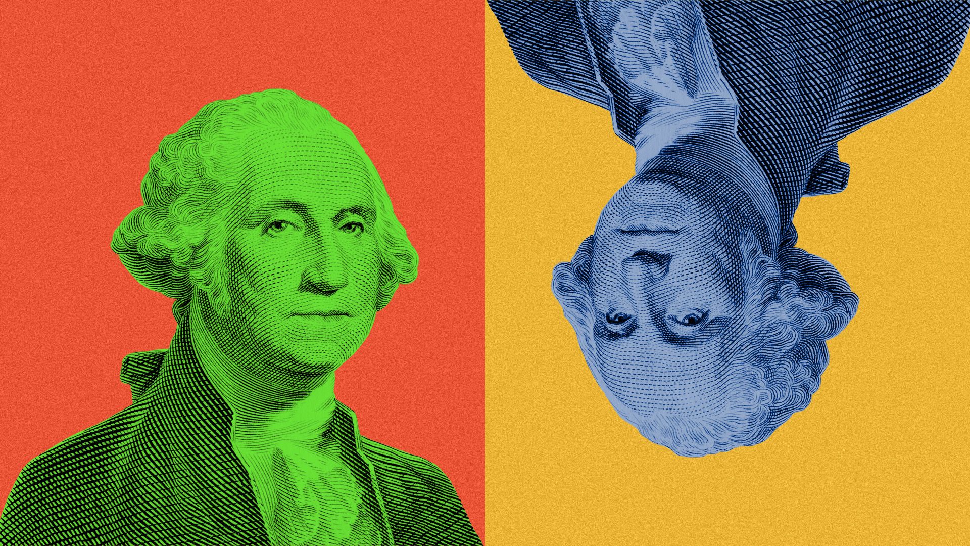 Illustration of two versions of George Washington from a U.S, dollar bill  in different colors and with one upside-down 
