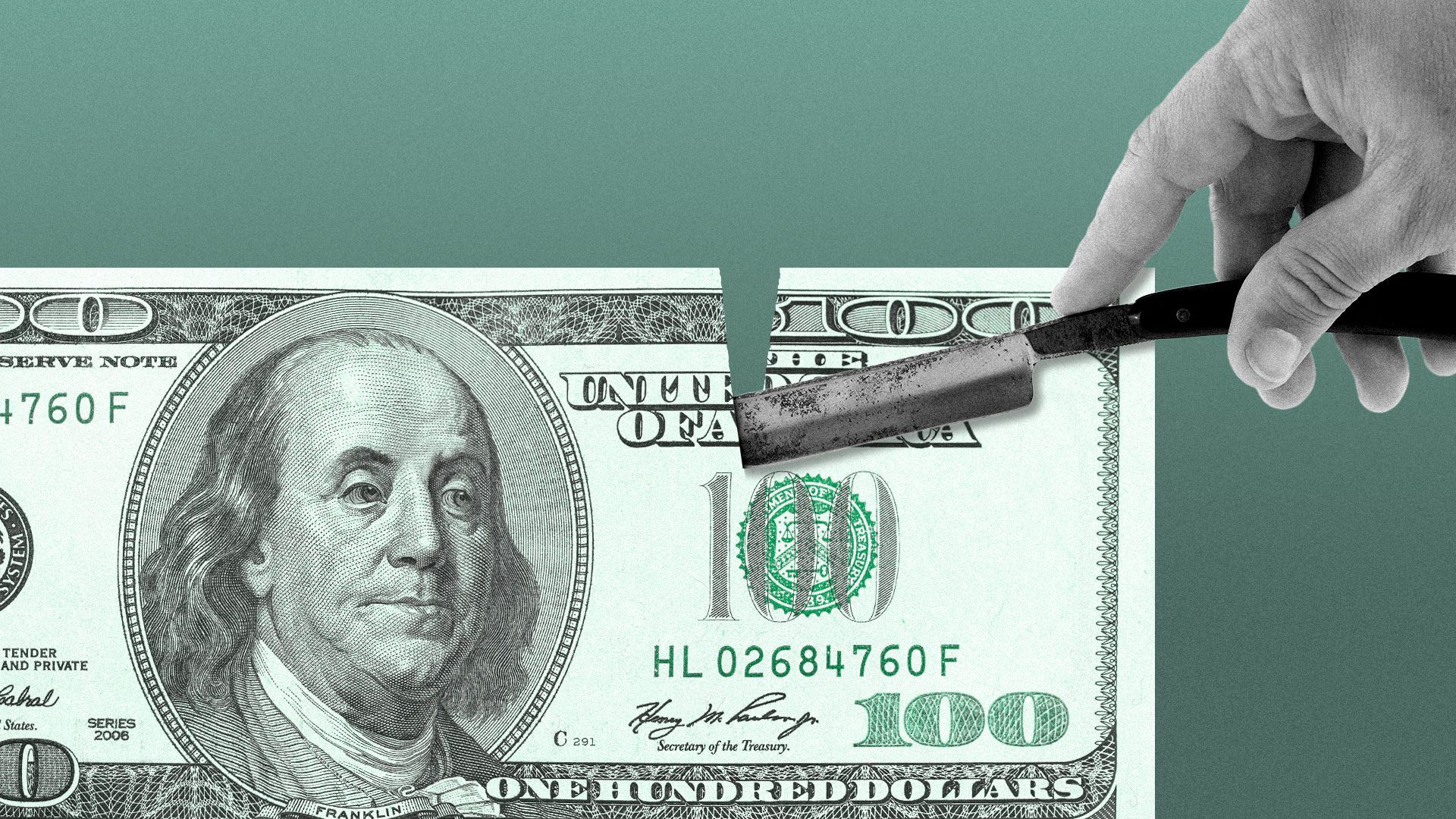 Illustration of a hundred dollar bill getting sliced by a straight razor, narrowly missing Benjamin Franklin. 