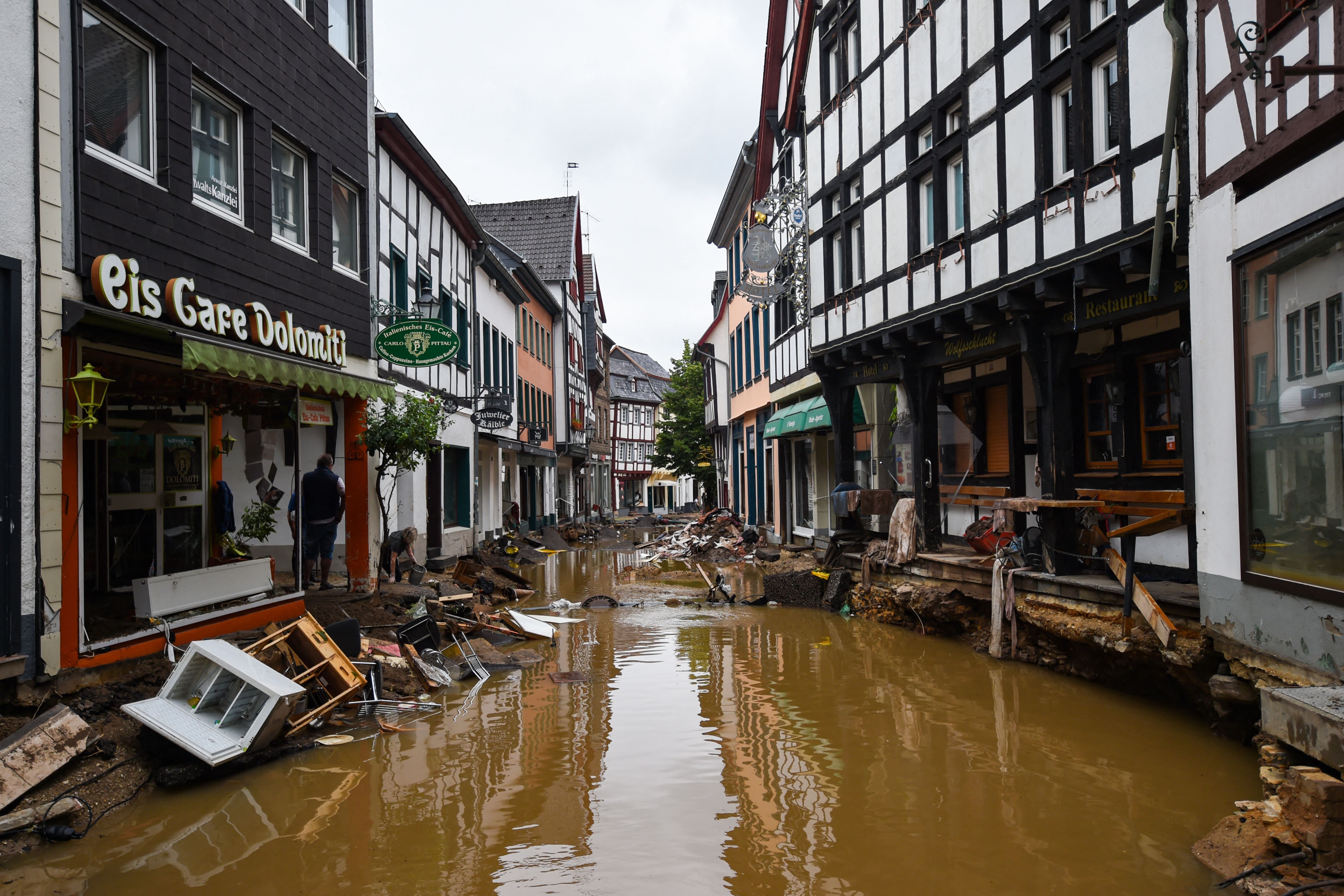 A flooded street is seen in Bad Muenstereifel, western Germany, on July 16, 2021, after heavy rain hit parts of the country, causing widespread flooding.