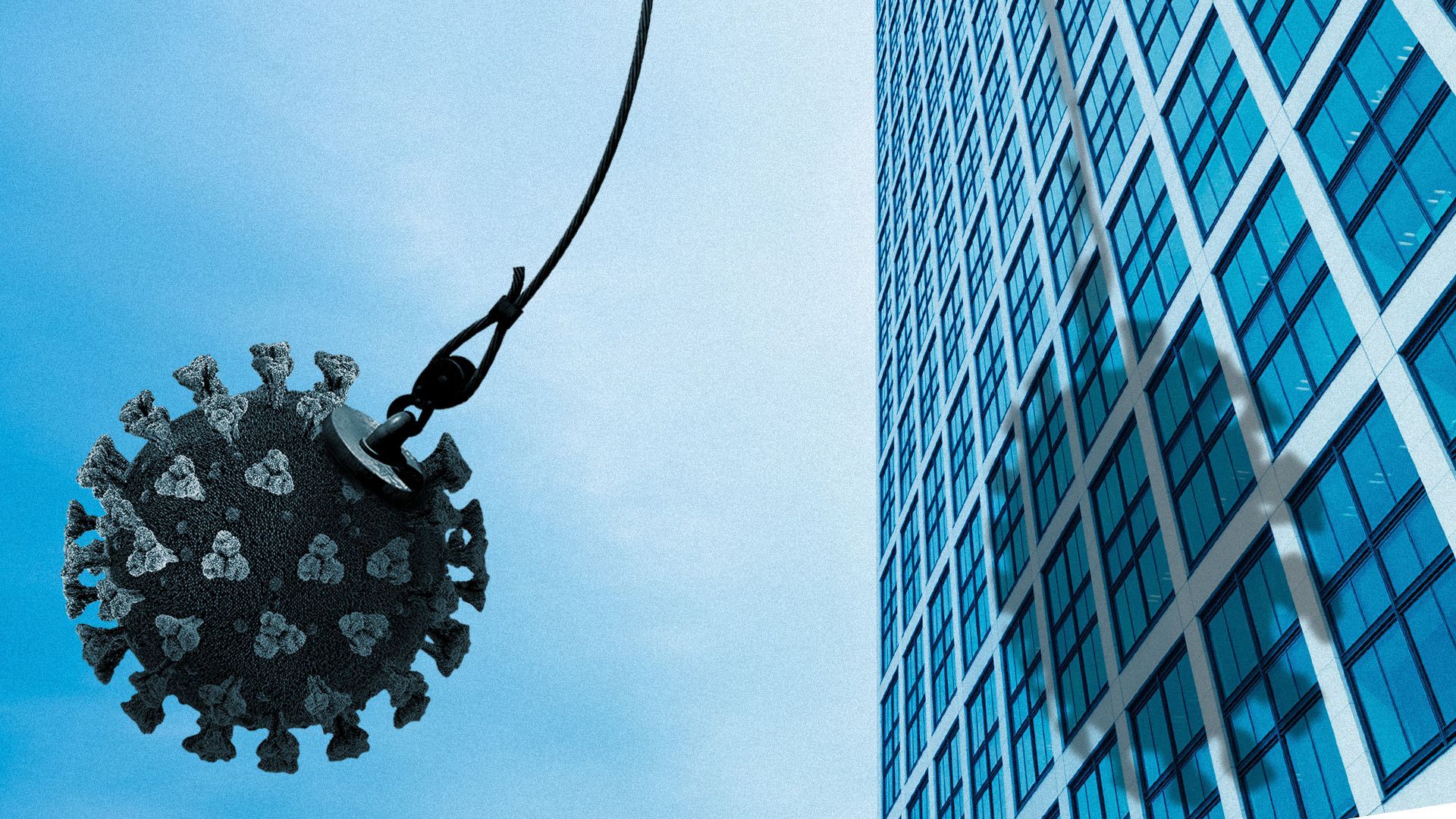 Illustration of a COVID wrecking ball aimed at an office building.