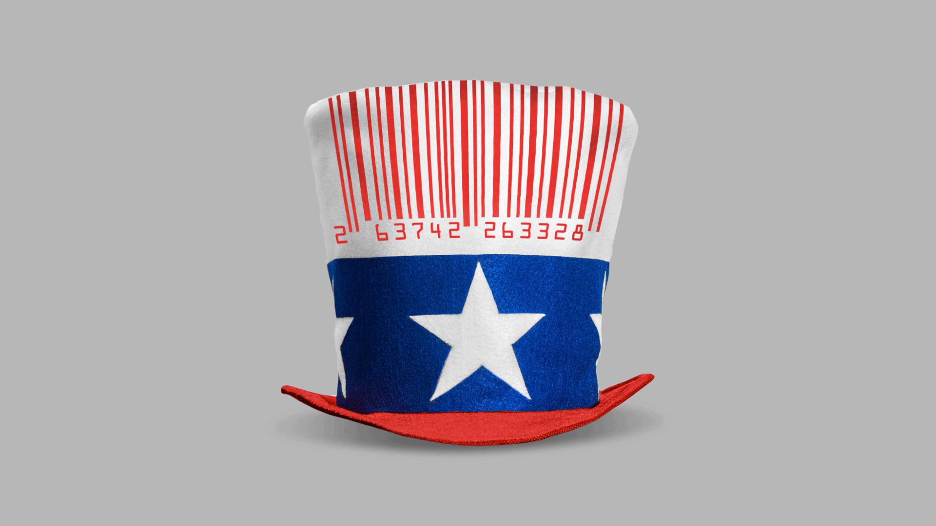 This illustration shows a hat decorated with the US red white and blue, except the red stripes are a bar code.