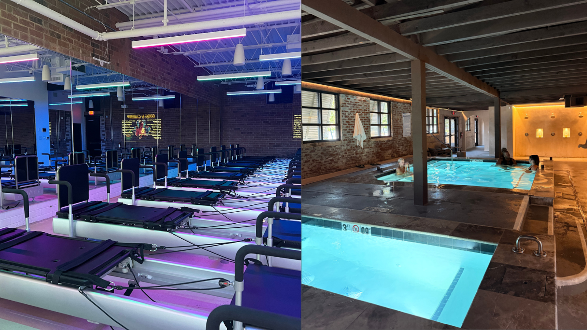Side-by-side images: left shows a Pilates studio with reformer machines under purple and blue lights; right shows a warm indoor pool area with three people relaxing in the hot tub.