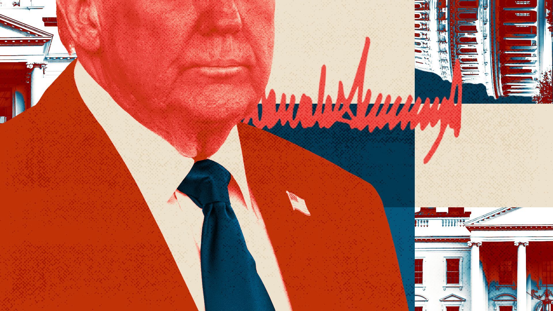 Photo illustration of a collage of President Trump surrounded by images of the White House, Congress, and his signature