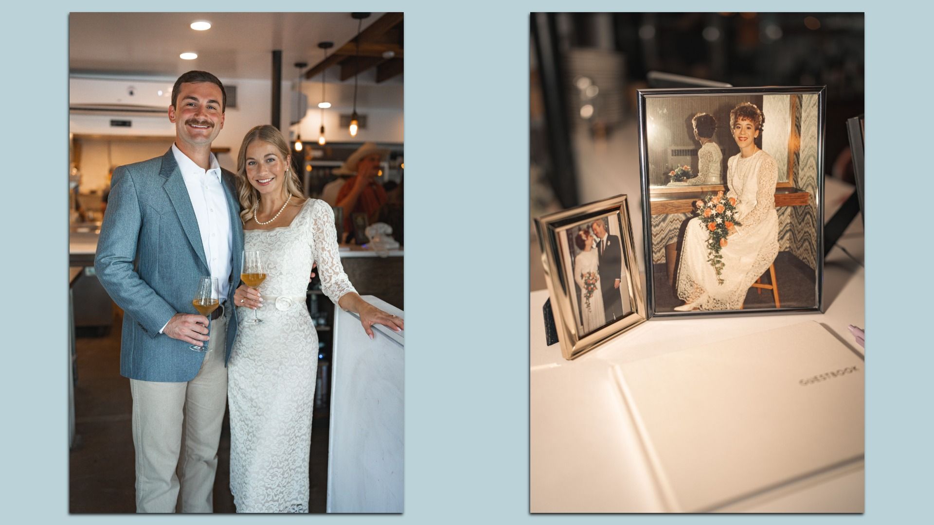 A smiling couple dressed in vintage-style clothing hold wine glasses inside a warmly lit venue; nearby, framed wedding photos and a guestbook sit on a table, hinting at a wedding event.