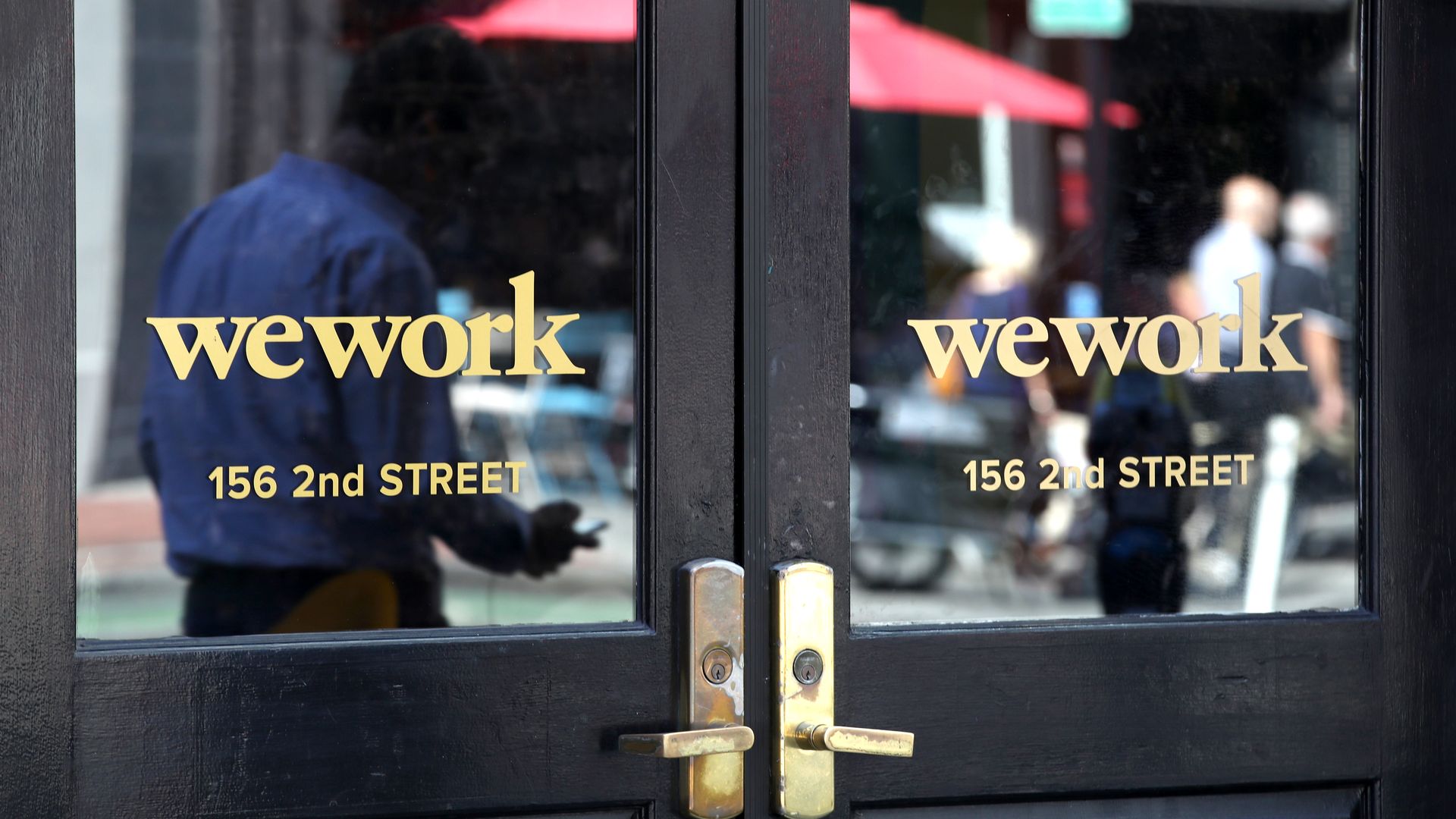 The doors of a WeWork building