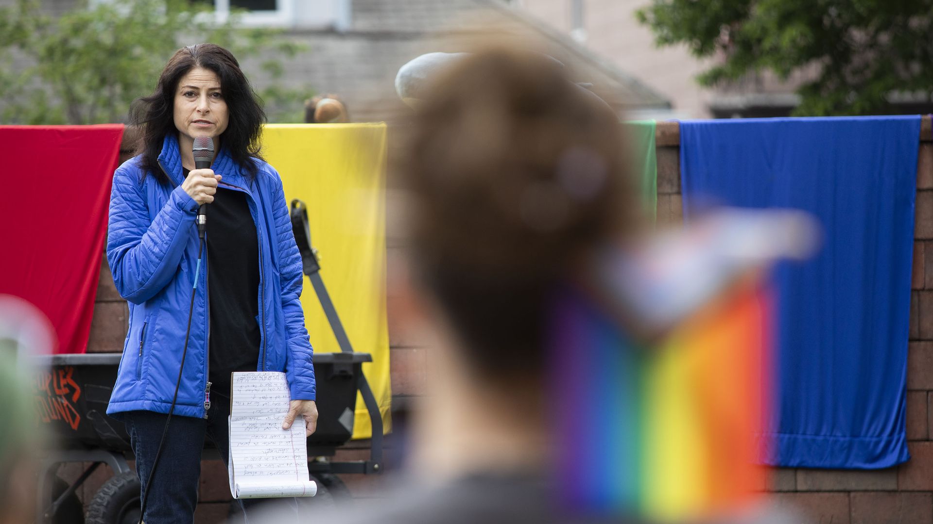 Michigan Attorney General Dana Nessel speaks to protesters who oppose the City of Hamtramck's recent resolution banning the flying of LGBTQ+ flags, political flags, and flags symbolizing any race or religion on City property, at City Hall on June 24, 2023 in Hamtramck, Michigan