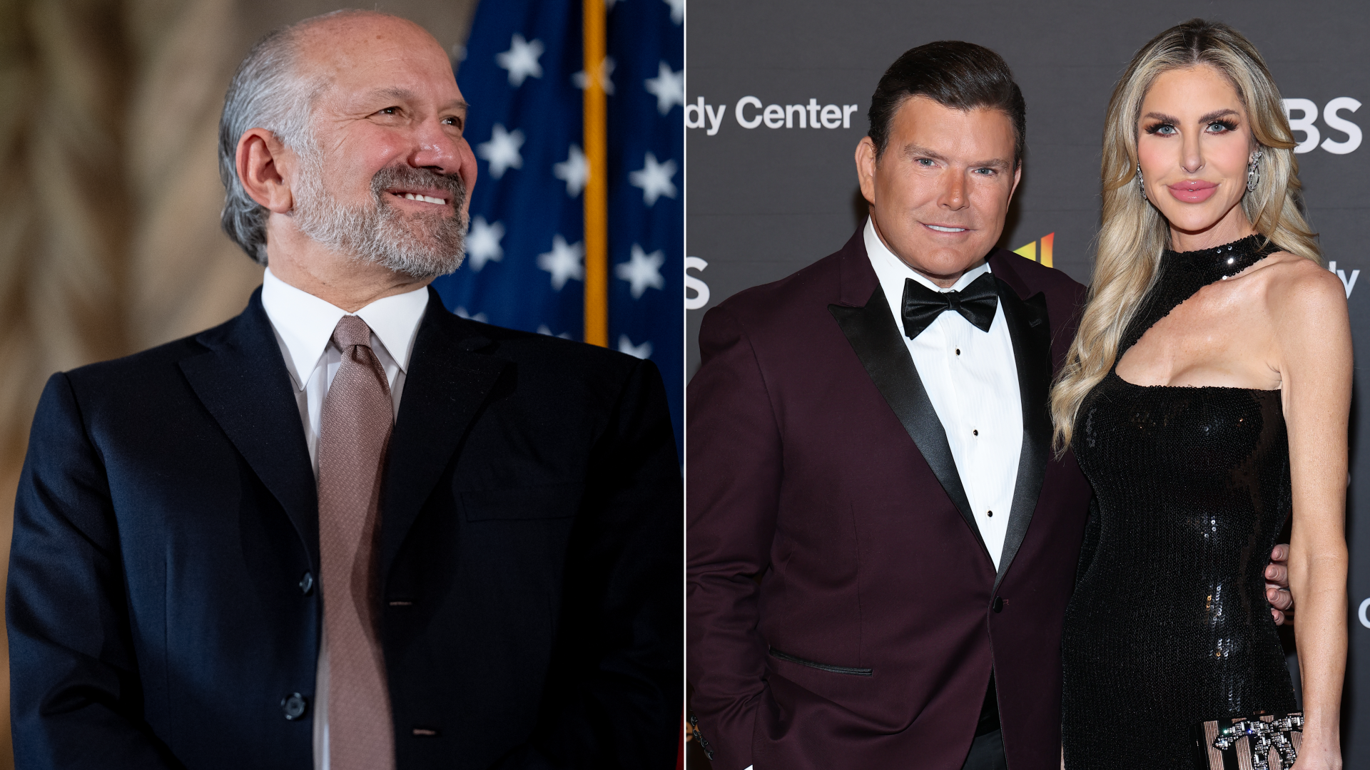 Two side-by-side photos, one showing Howard Lutnick, and the other showing Bret and Amy Baier.