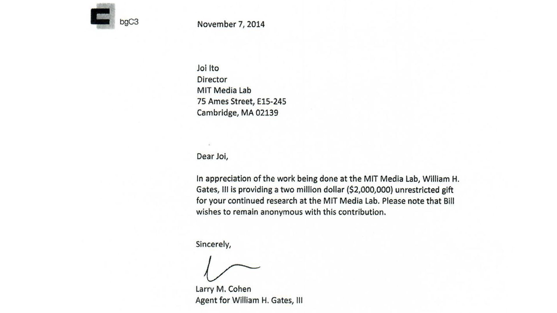 Letter from Bill Gates' agent
