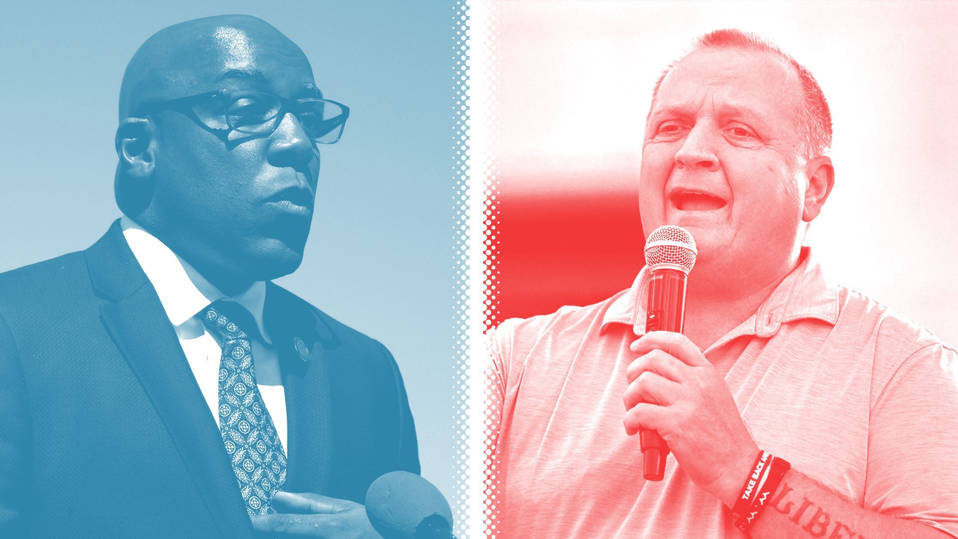 Illustration of AG Kwame Raoul , tinted blue, and Thomas DeVore, tinted red, separated by a white halftone divider.