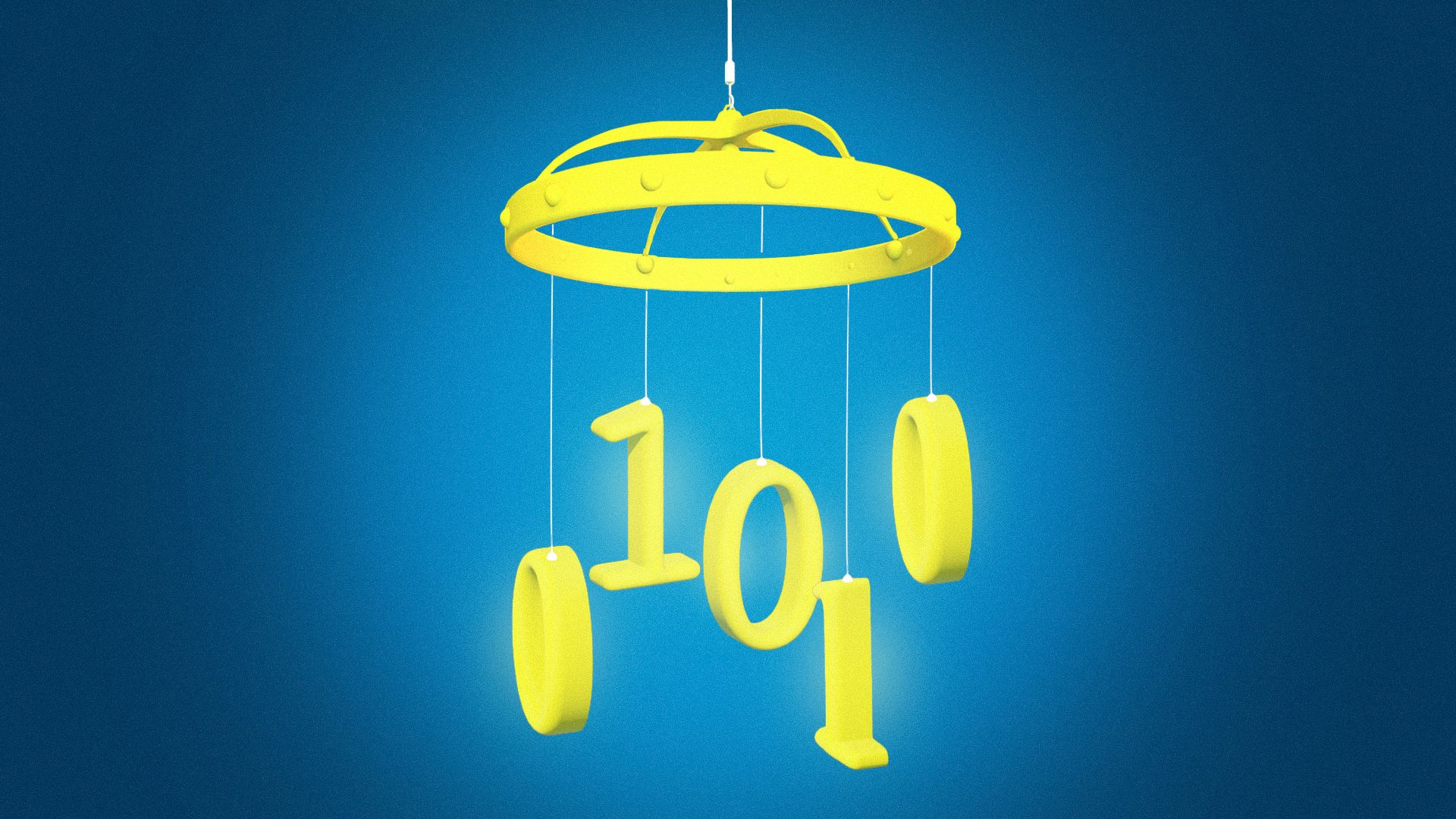 Illustration of a crib mobile with ones and zeros hanging from the strings.